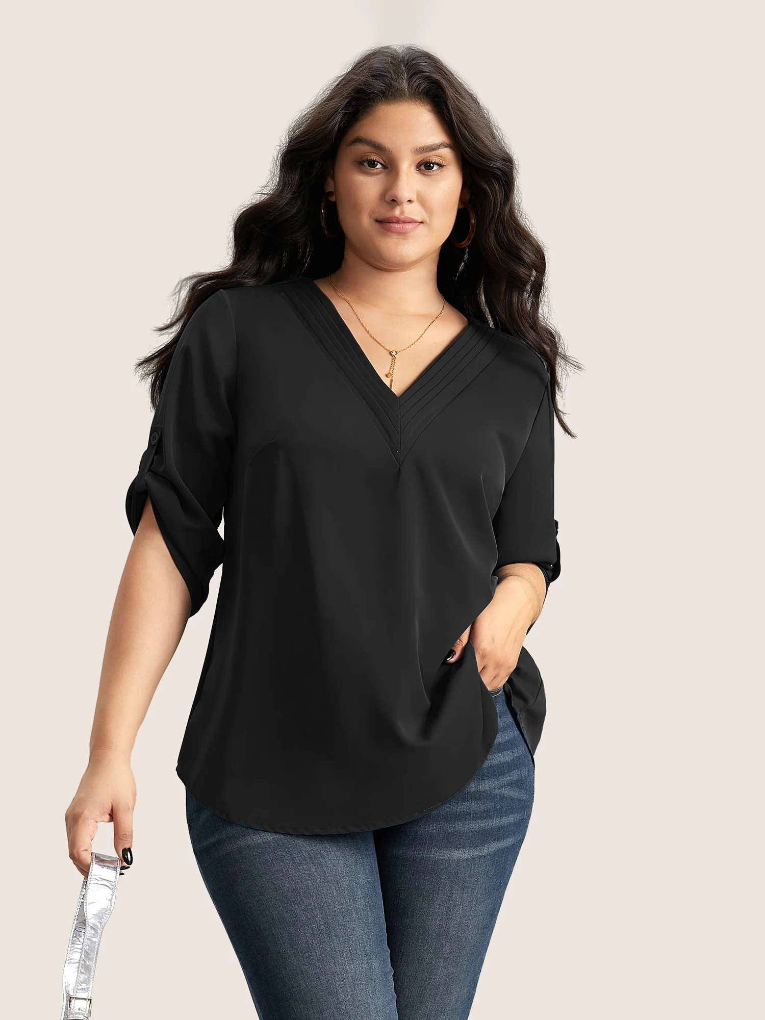 V Neck Plain Pleated Tab Sleeve Blouse - Image 10