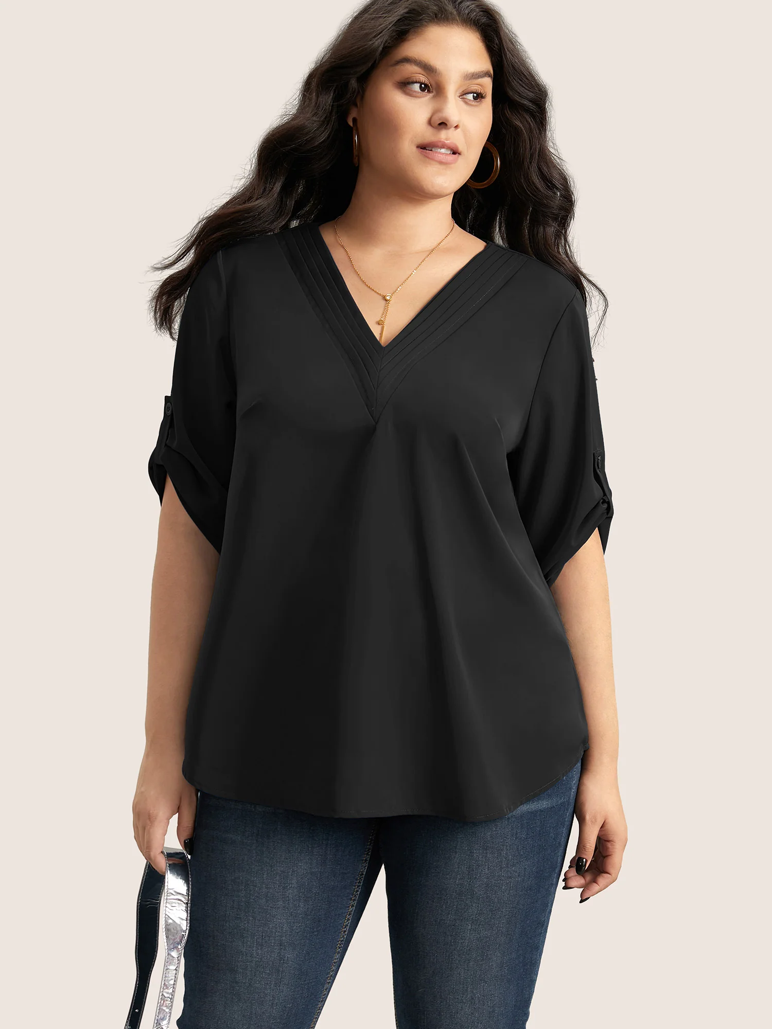 V Neck Plain Pleated Tab Sleeve Blouse - Image 11