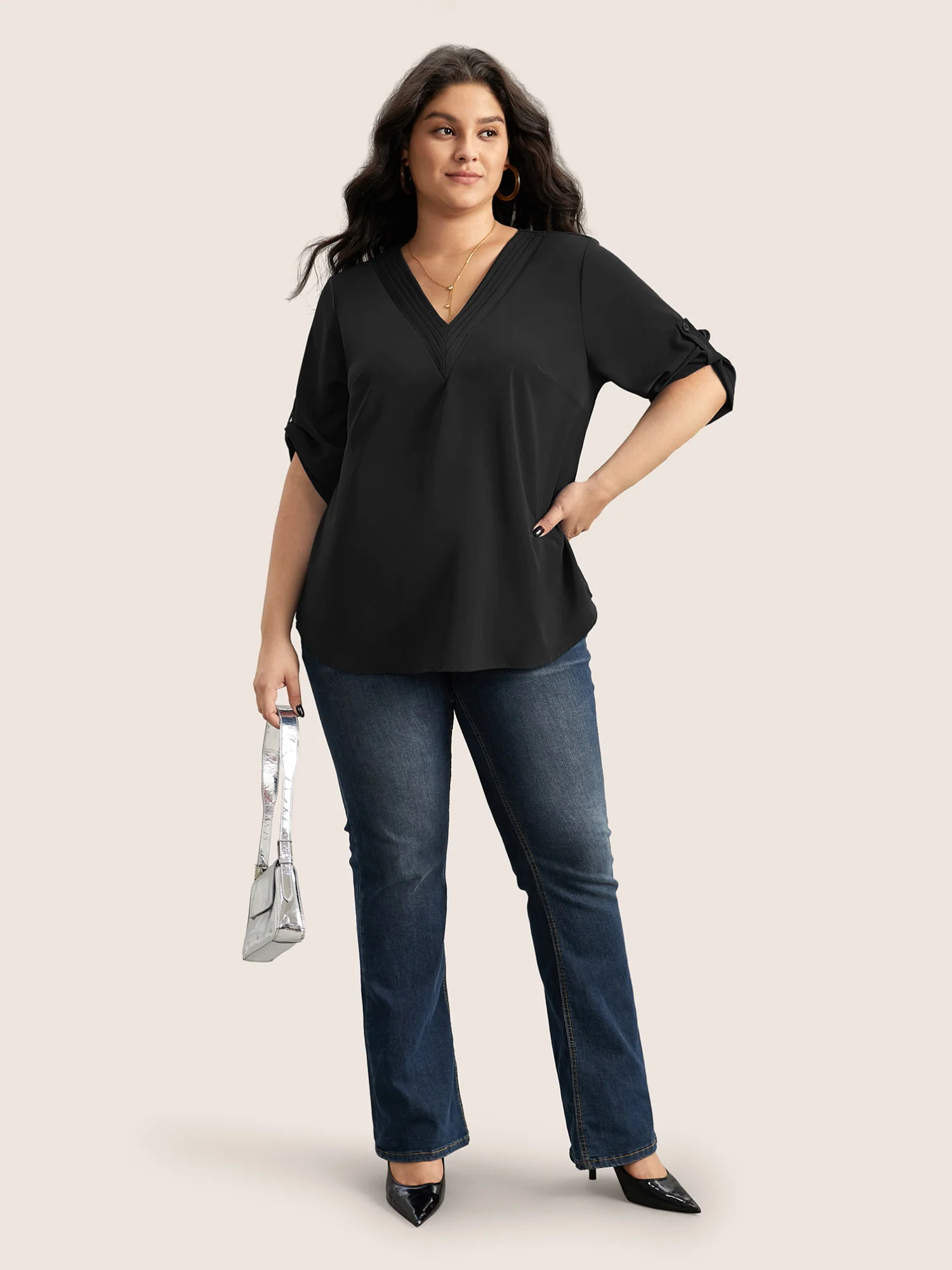 V Neck Plain Pleated Tab Sleeve Blouse - Image 12