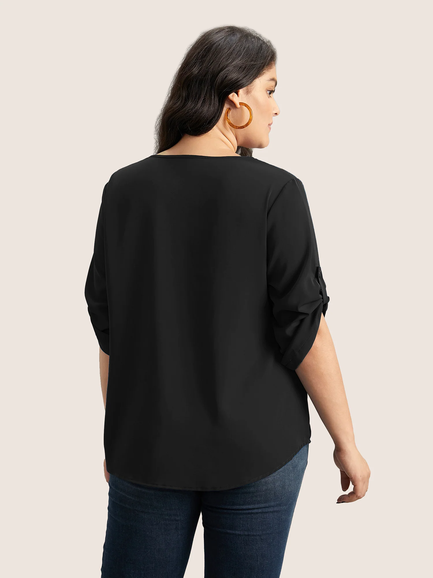V Neck Plain Pleated Tab Sleeve Blouse - Image 13