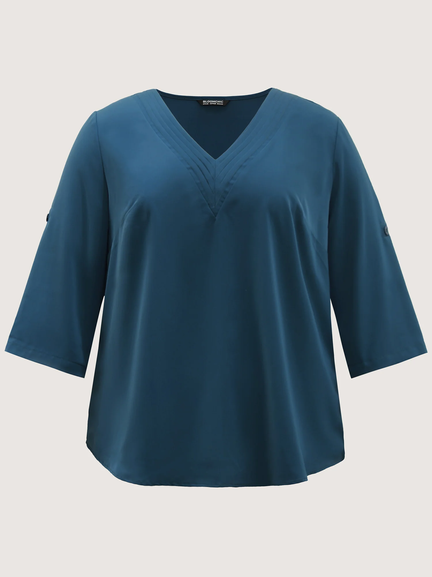 V Neck Plain Pleated Tab Sleeve Blouse - Image 5