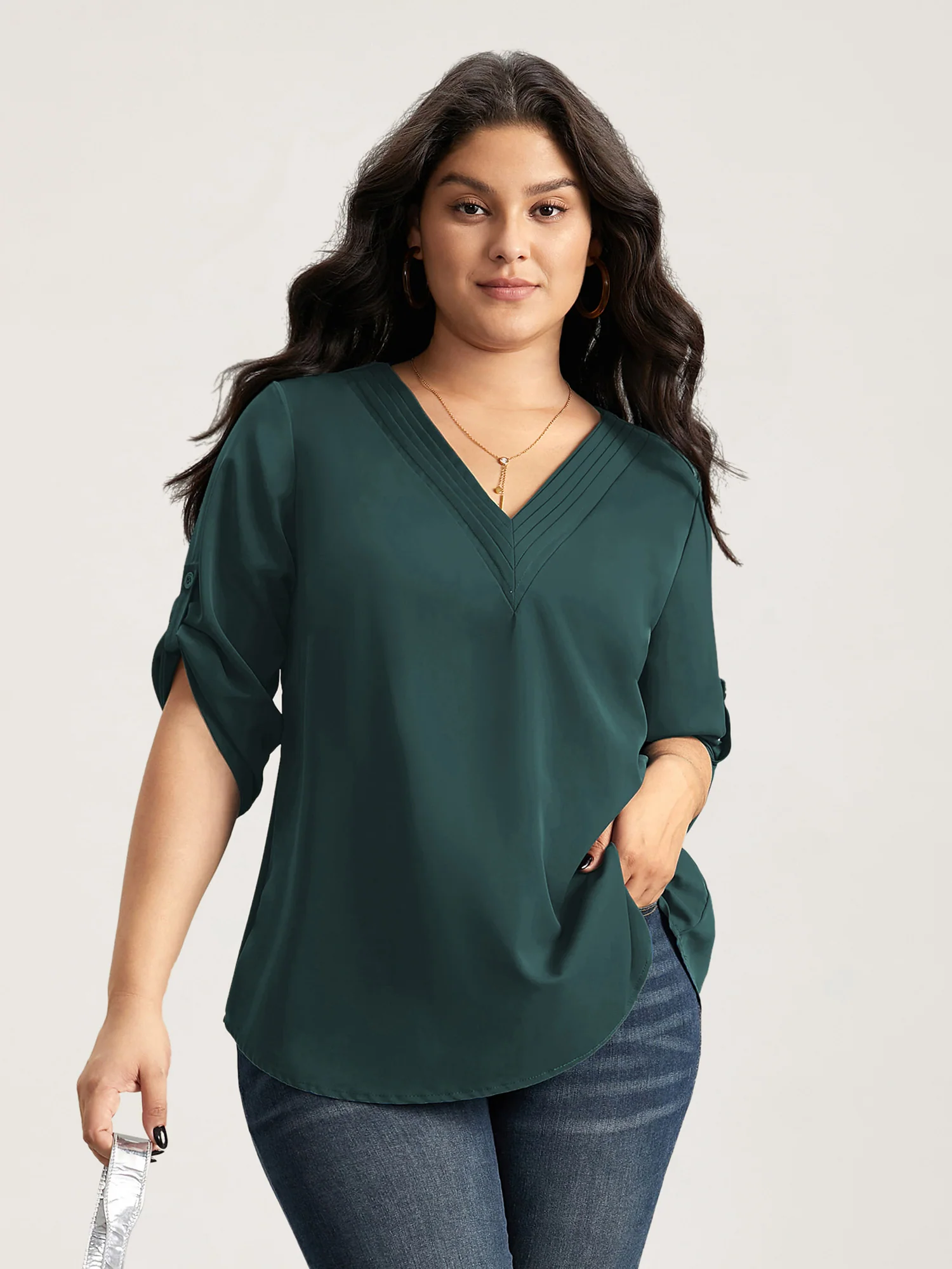 V Neck Plain Pleated Tab Sleeve Blouse - Image 6