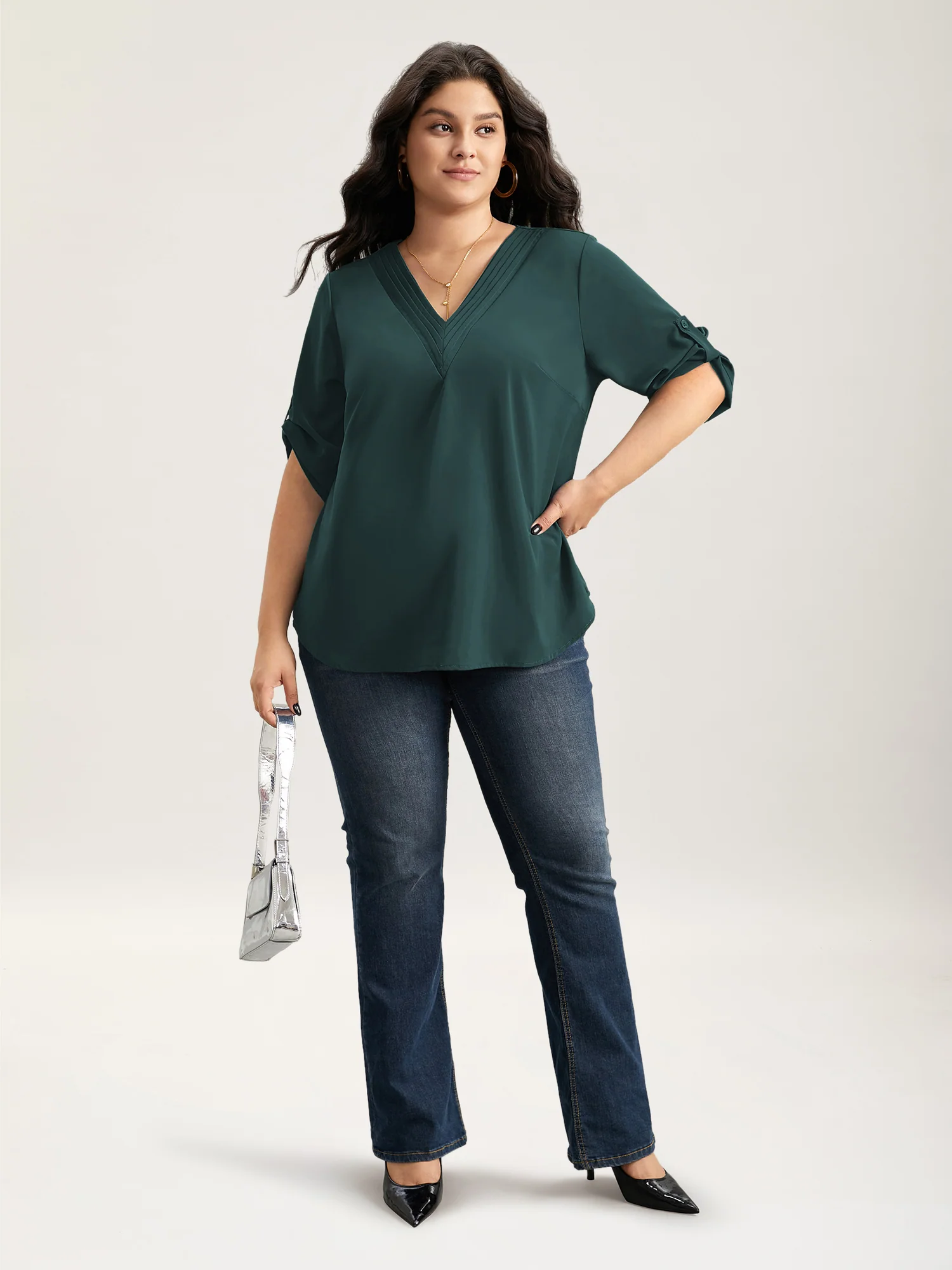 V Neck Plain Pleated Tab Sleeve Blouse - Image 7
