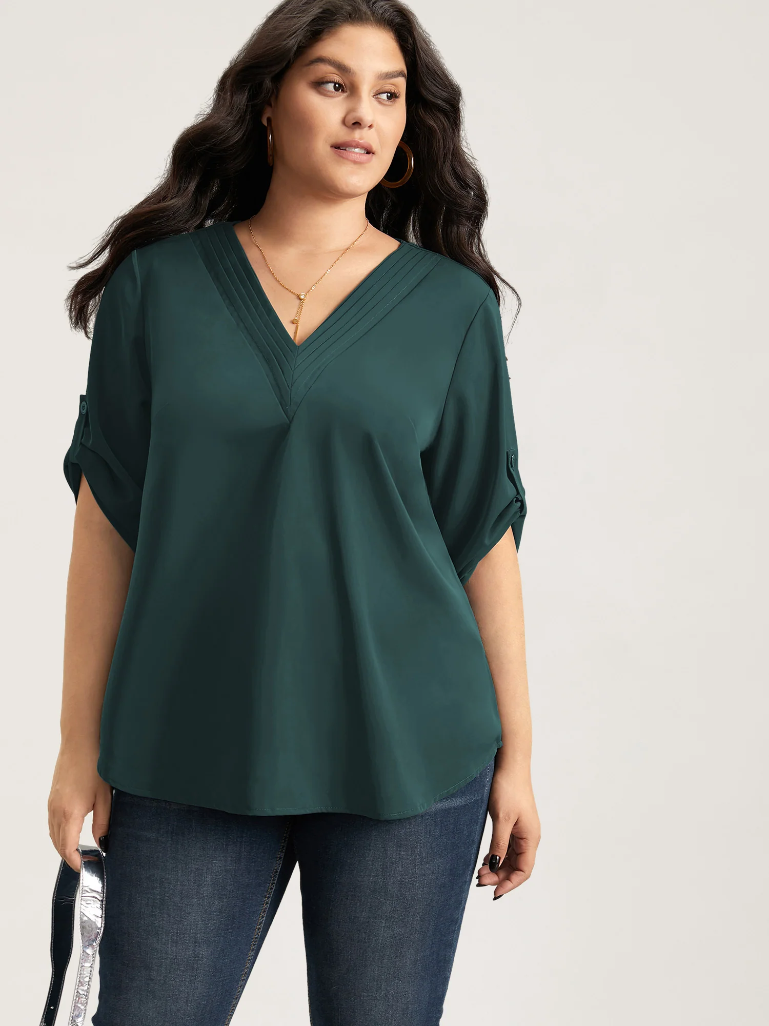 V Neck Plain Pleated Tab Sleeve Blouse - Image 8