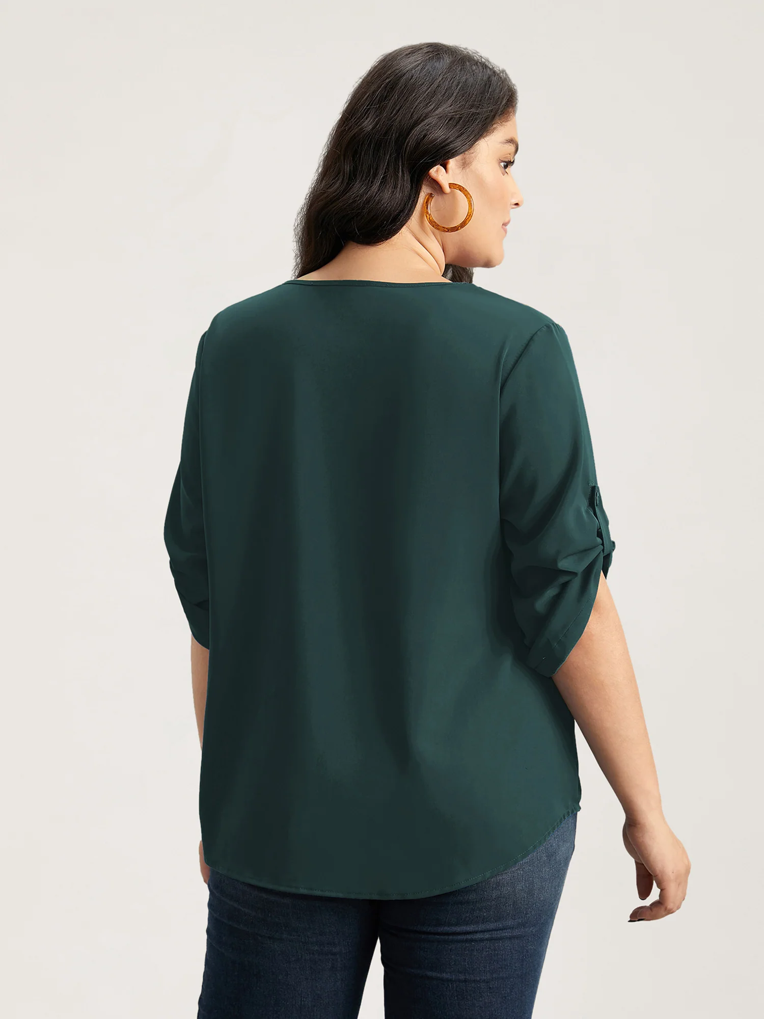 V Neck Plain Pleated Tab Sleeve Blouse - Image 9