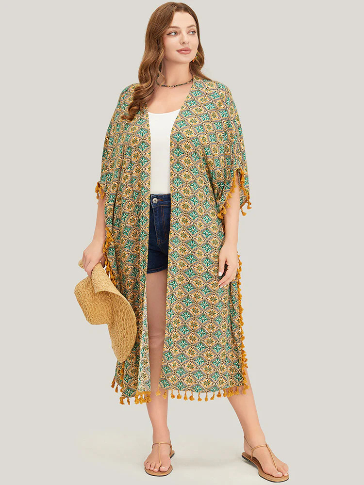 Bandana Batwing Sleeve Tassels Trim Split Open Front Kimono - Image 3