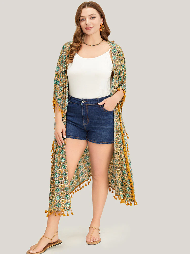 Bandana Batwing Sleeve Tassels Trim Split Open Front Kimono - Image 4