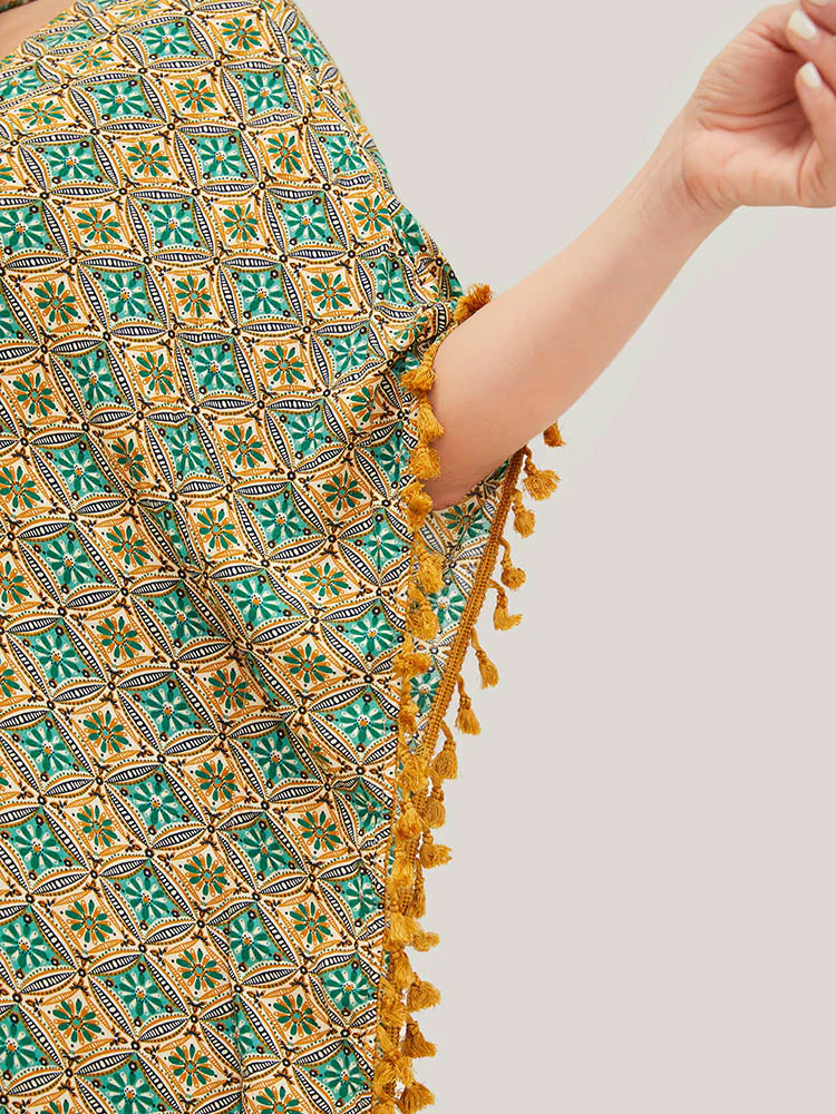 Bandana Batwing Sleeve Tassels Trim Split Open Front Kimono - Image 6