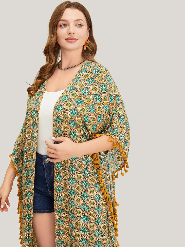 Bandana Batwing Sleeve Tassels Trim Split Open Front Kimono - Image 7