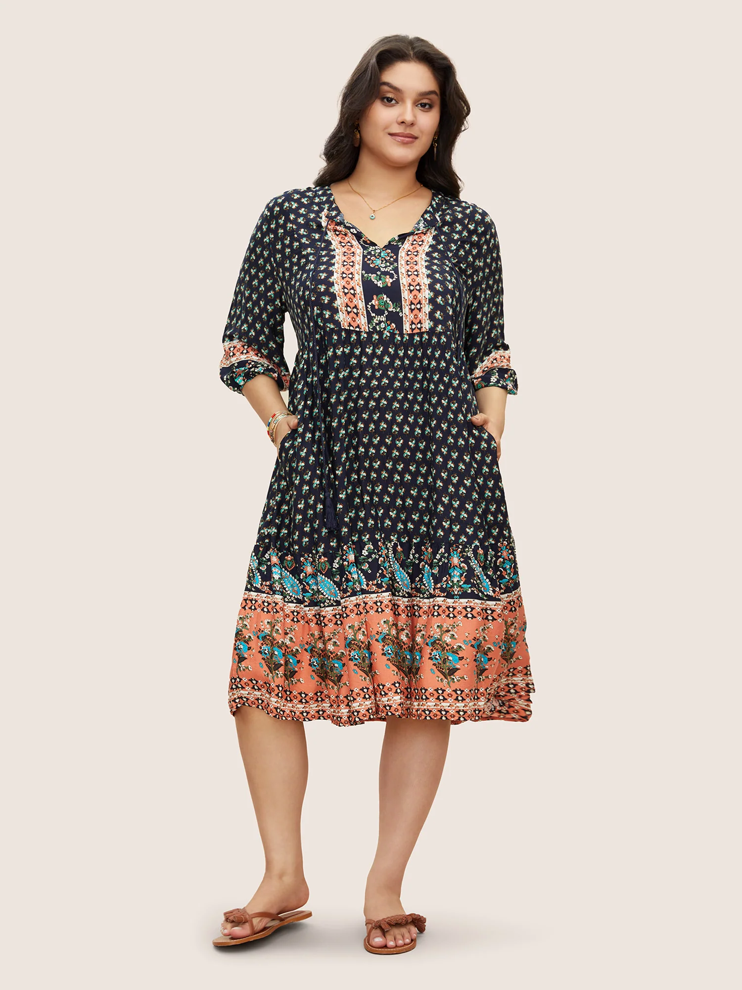 Bandana Tassels Lantern Sleeve Ruffle Pocket Keyhole Neck Dress - Image 3