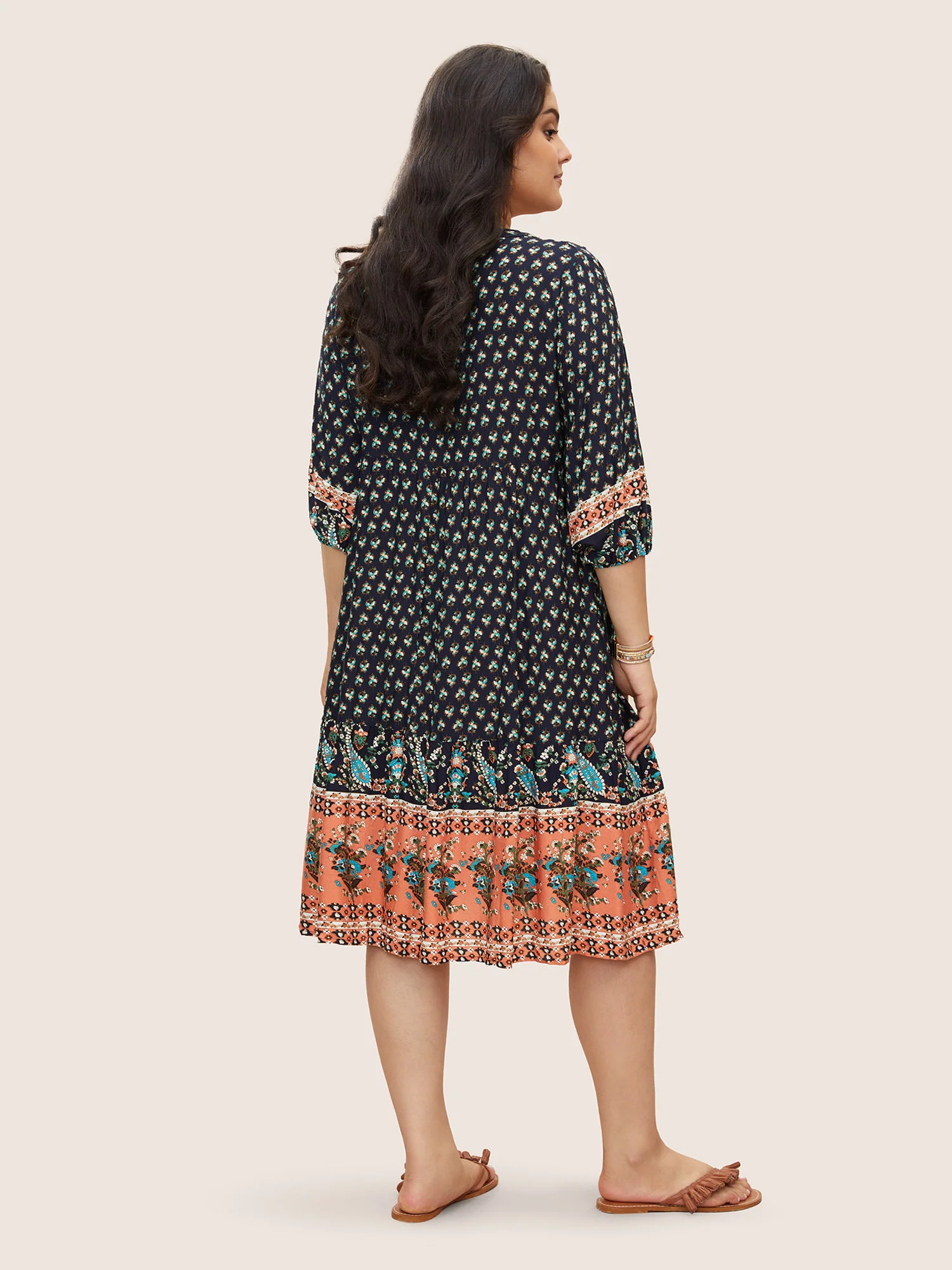 Bandana Tassels Lantern Sleeve Ruffle Pocket Keyhole Neck Dress - Image 4