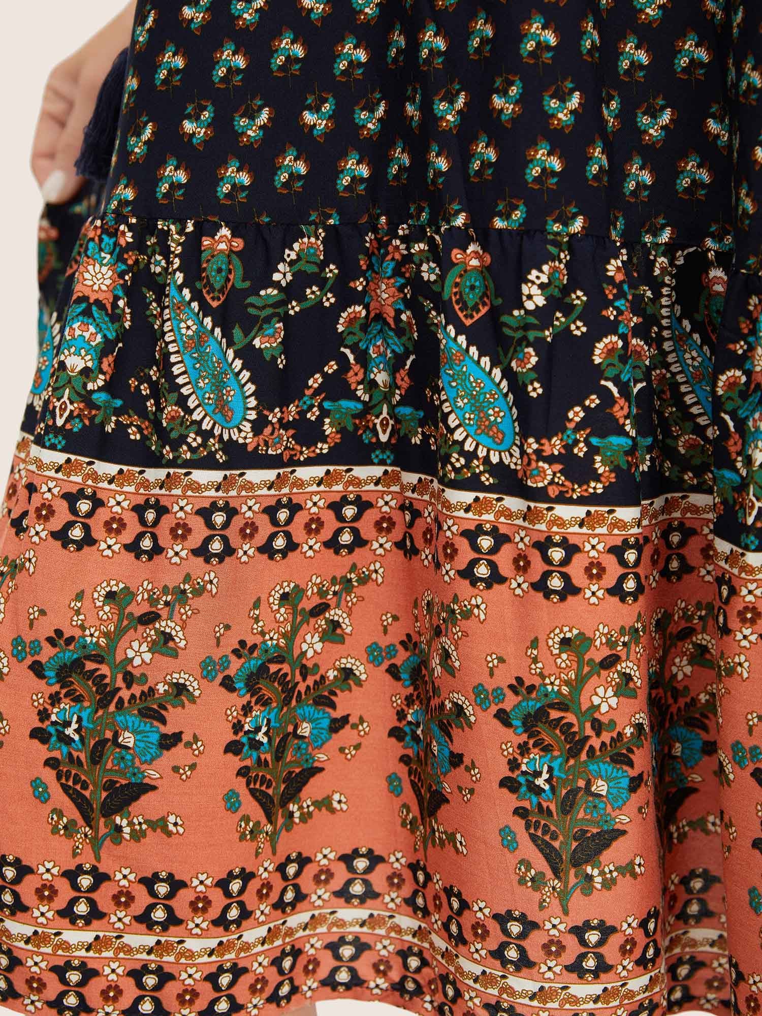 Bandana Tassels Lantern Sleeve Ruffle Pocket Keyhole Neck Dress - Image 5