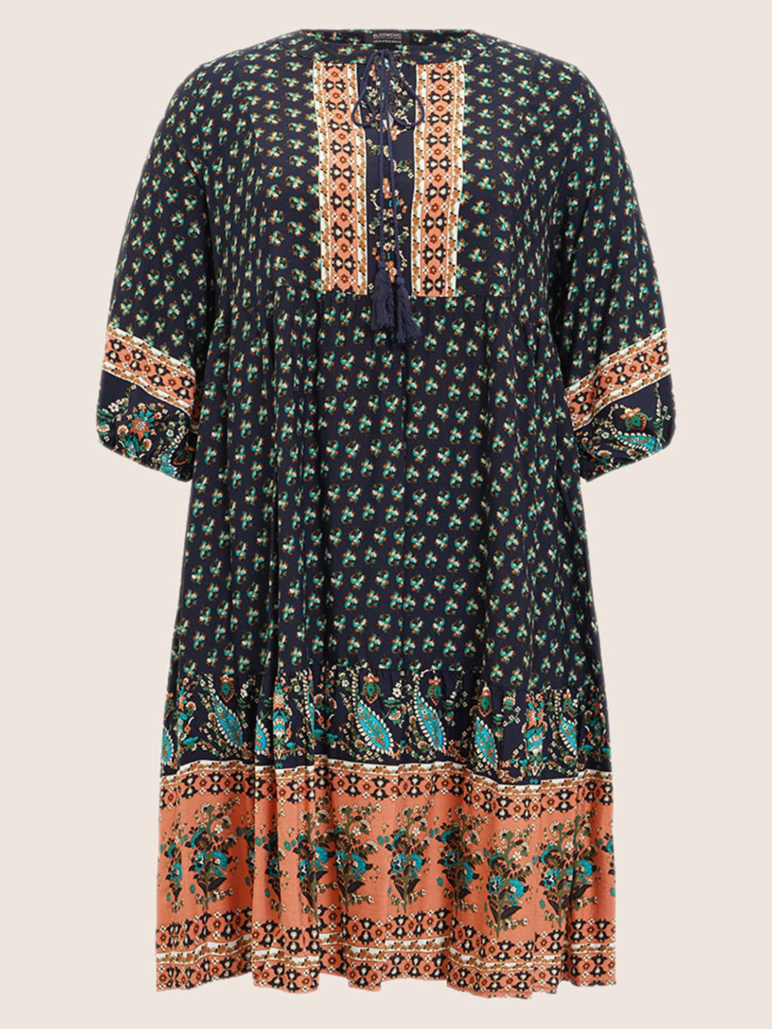 Bandana Tassels Lantern Sleeve Ruffle Pocket Keyhole Neck Dress - Image 8