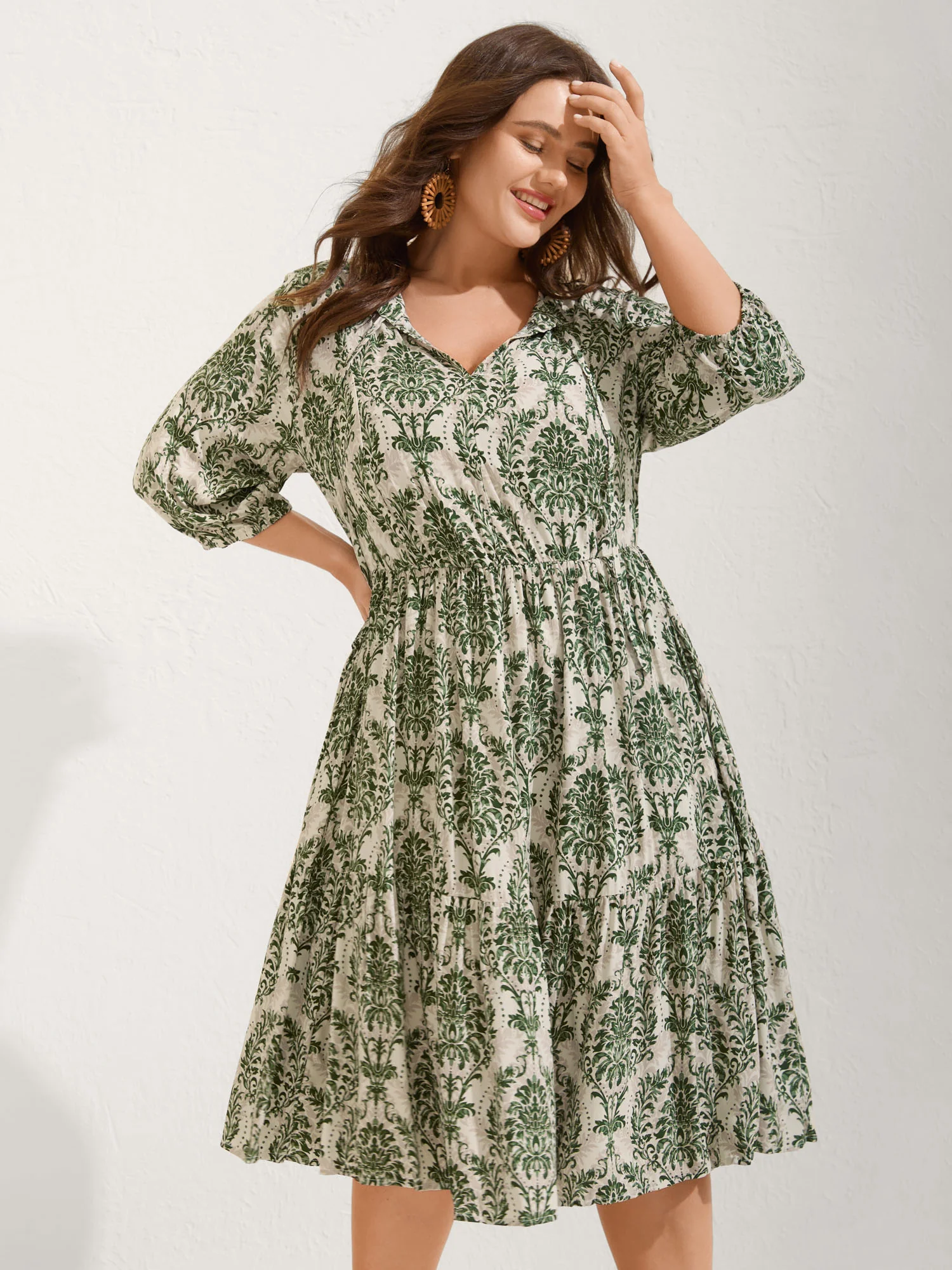 Damask Print Tie Knot Puff Sleeve Dress - Image 12