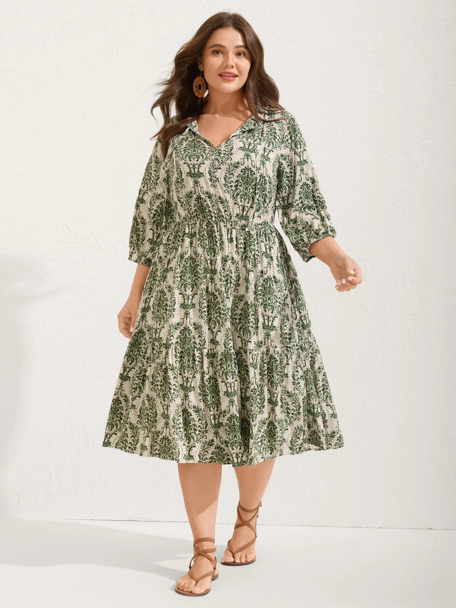 Damask Print Tie Knot Puff Sleeve Dress - Image 14