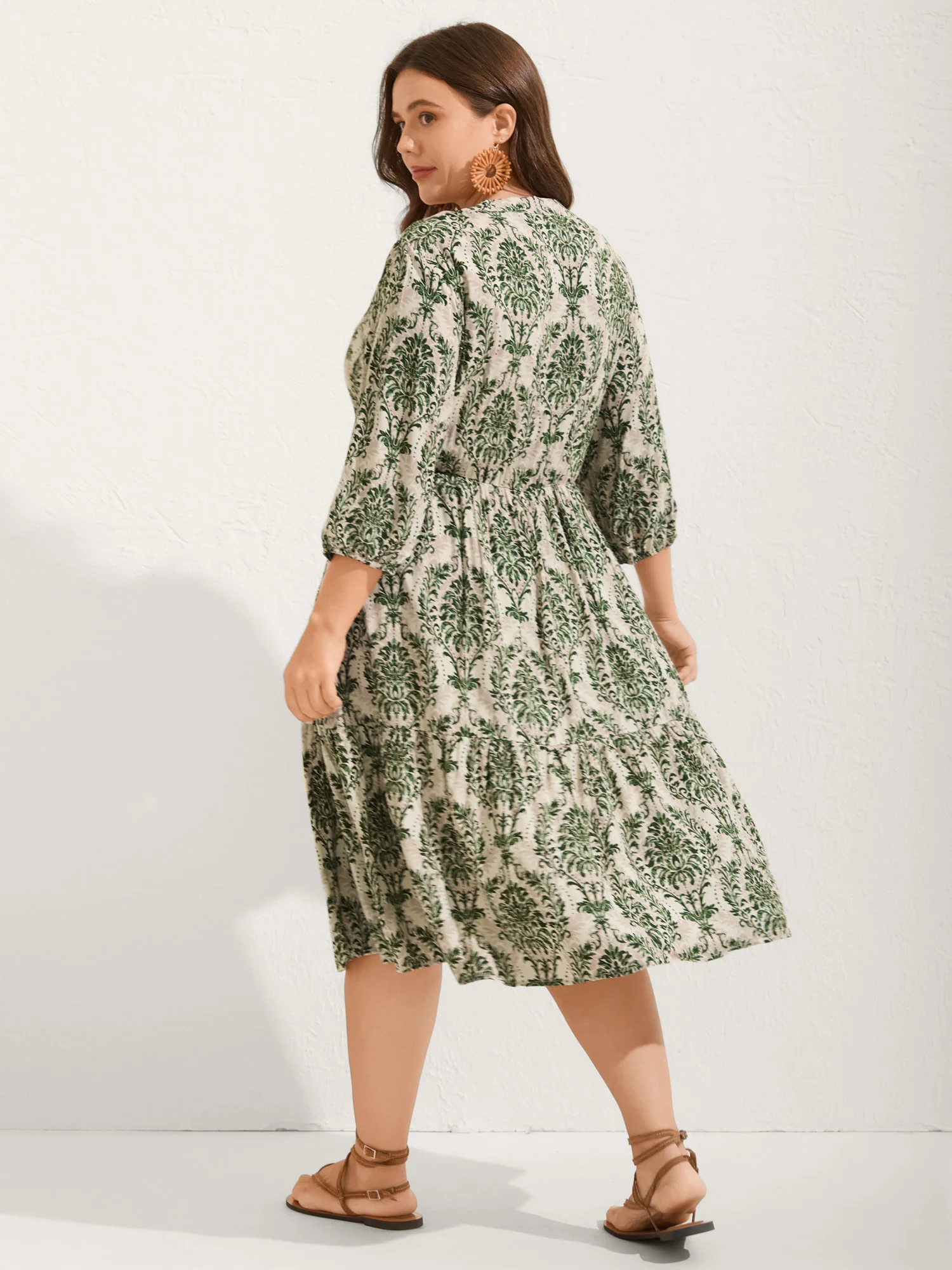 Damask Print Tie Knot Puff Sleeve Dress - Image 15