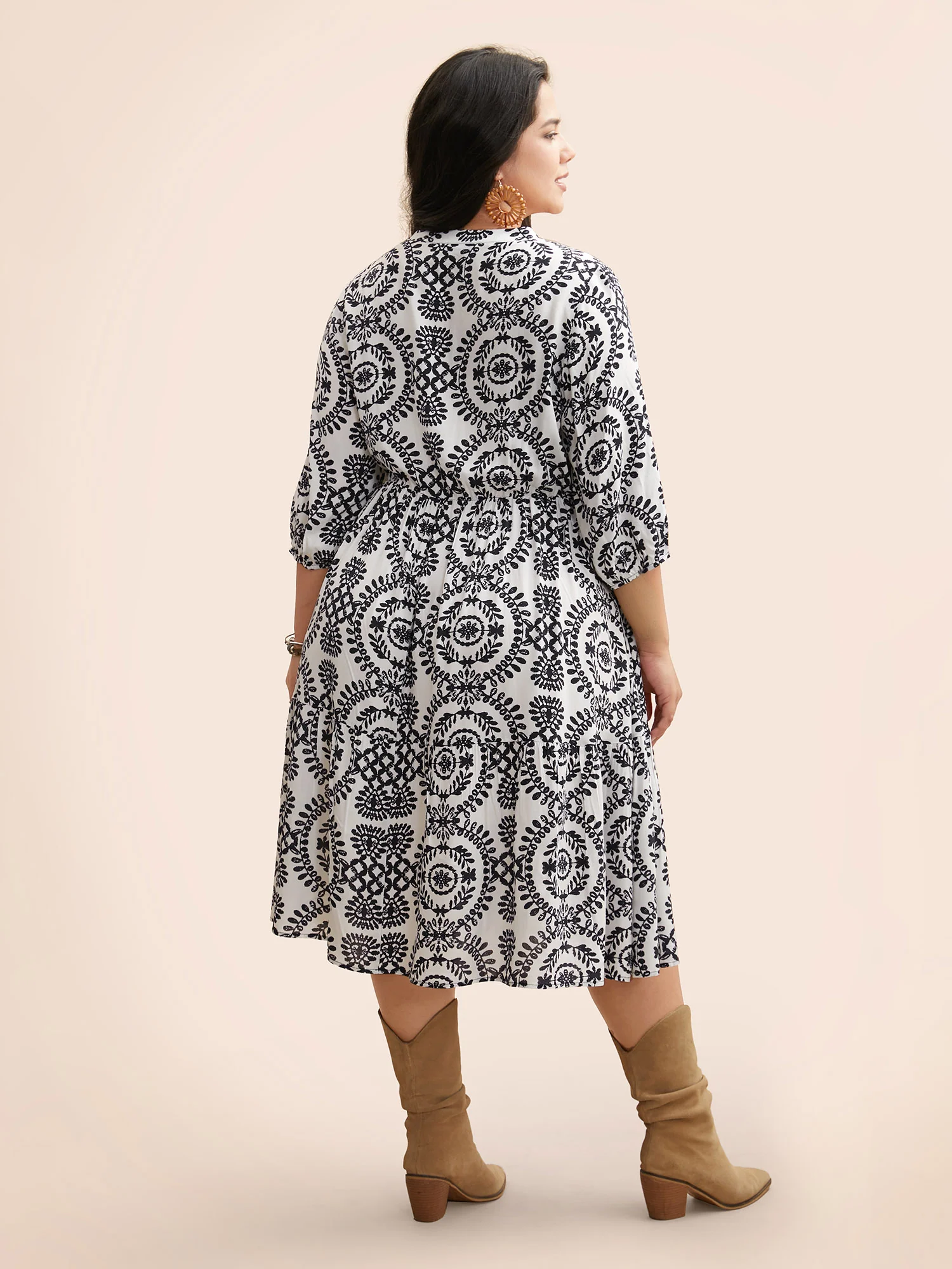 Damask Print Tie Knot Puff Sleeve Dress - Image 18