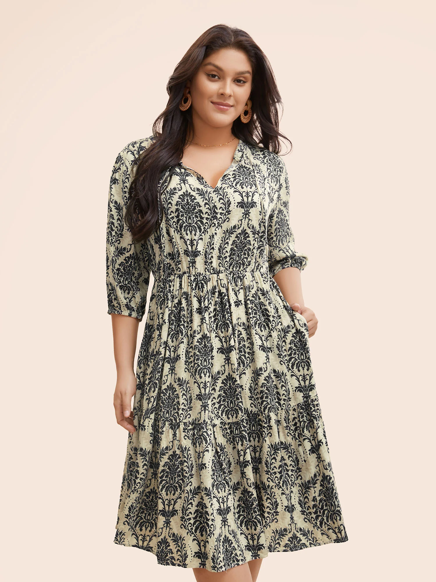 Damask Print Tie Knot Puff Sleeve Dress - Image 20