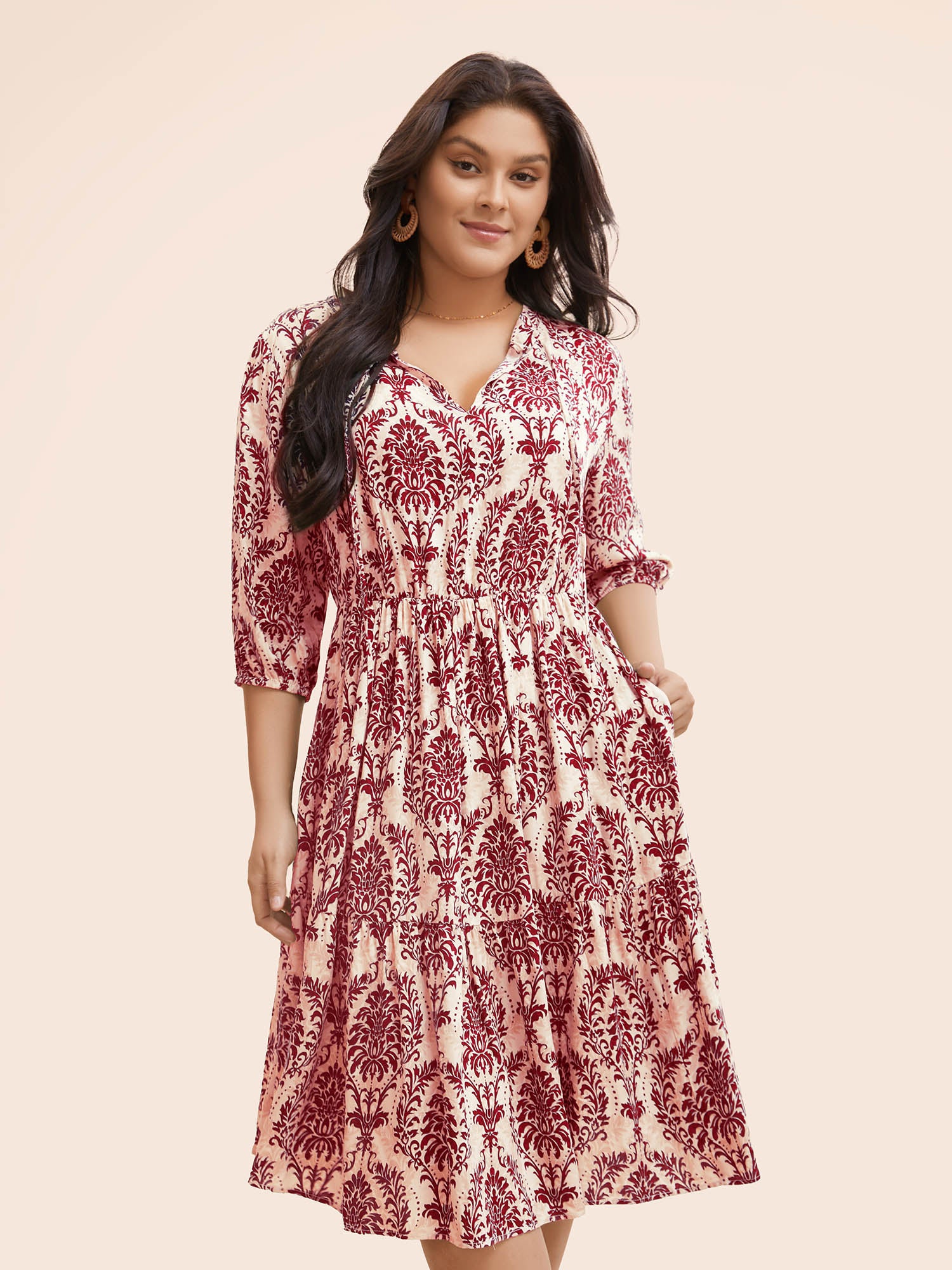Damask Print Tie Knot Puff Sleeve Dress - Image 24