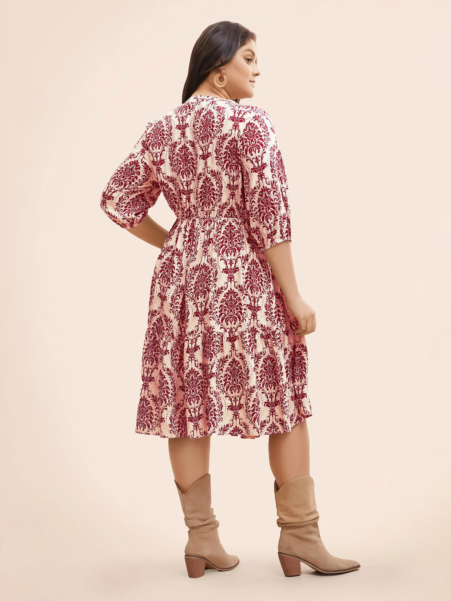 Damask Print Tie Knot Puff Sleeve Dress - Image 25