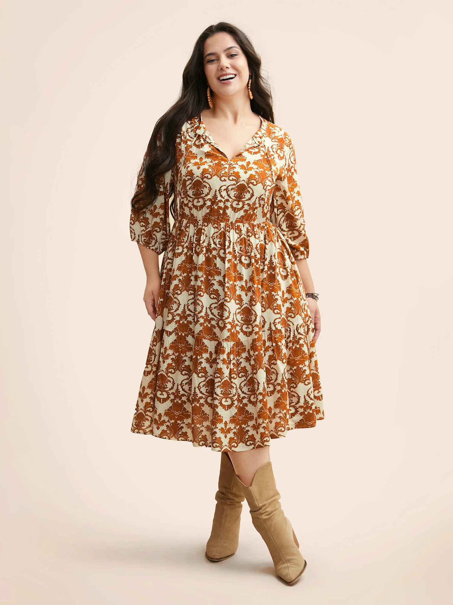 Damask Print Tie Knot Puff Sleeve Dress - Image 27