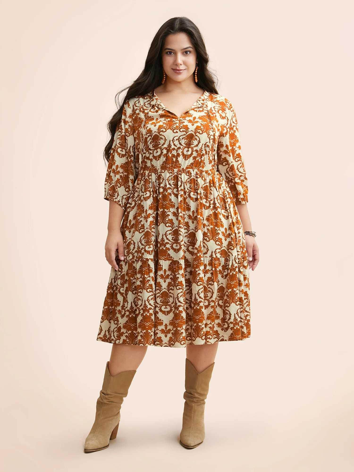 Damask Print Tie Knot Puff Sleeve Dress - Image 28