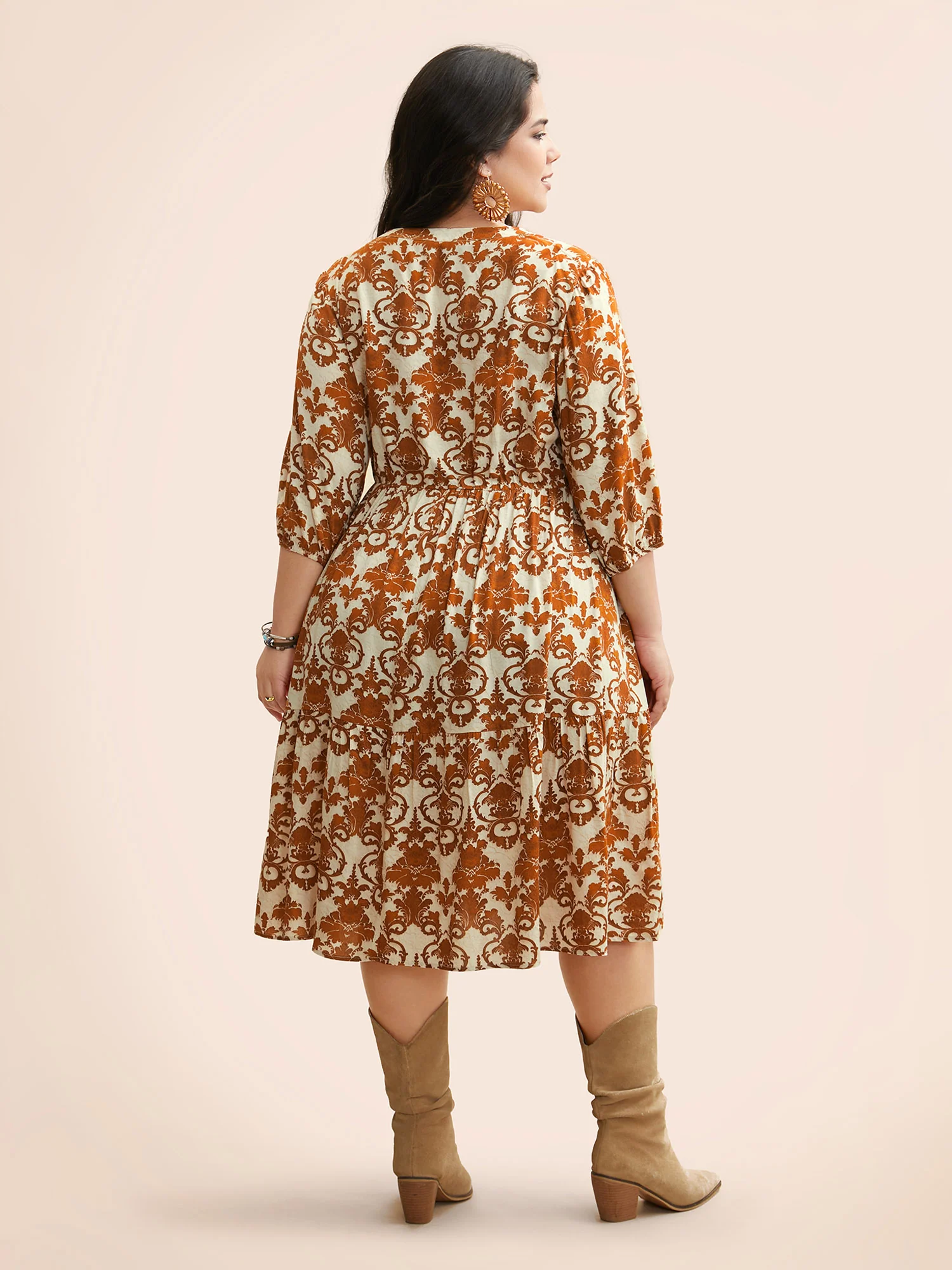 Damask Print Tie Knot Puff Sleeve Dress - Image 29