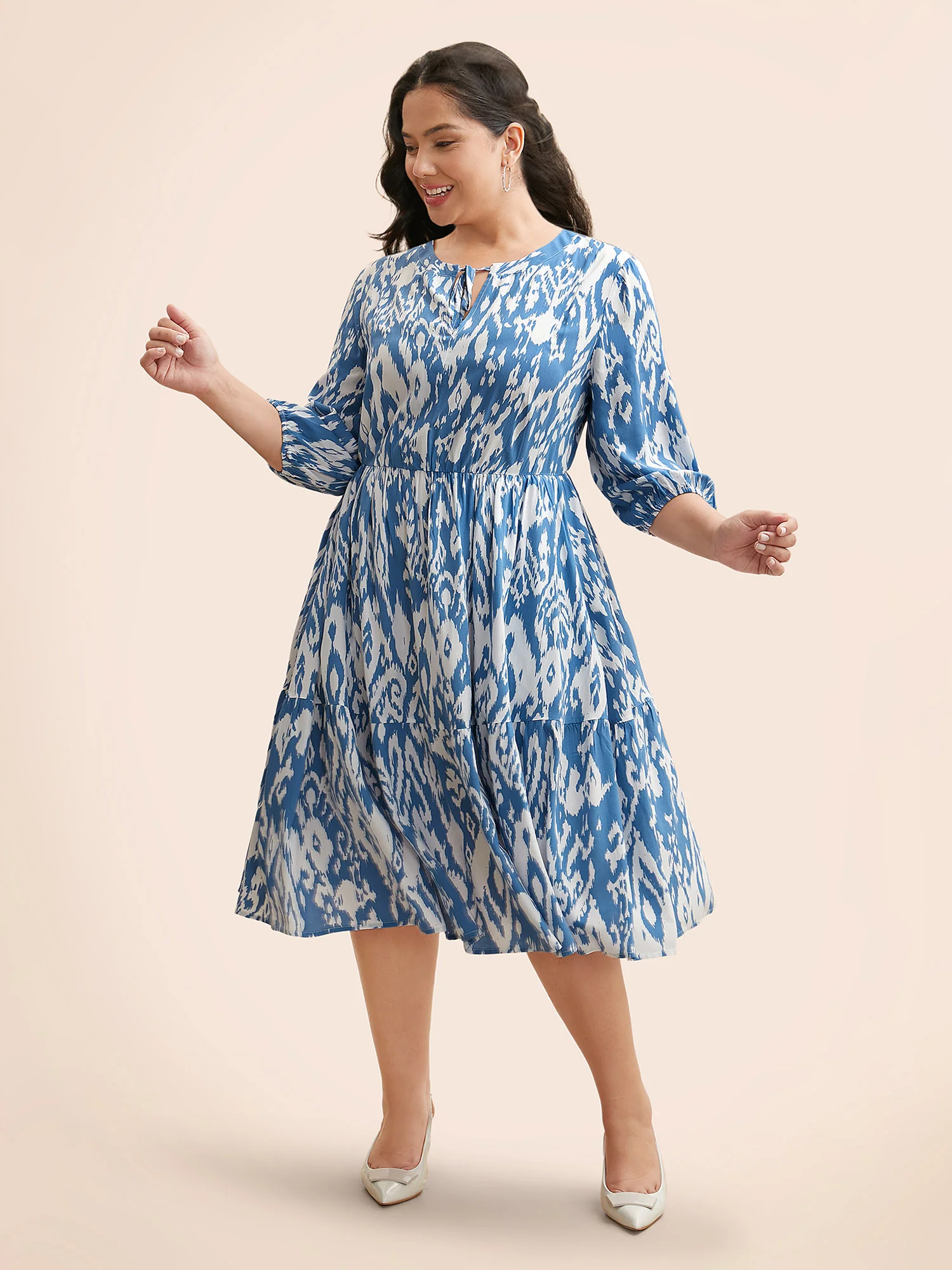 Damask Print Tie Knot Puff Sleeve Dress - Image 30