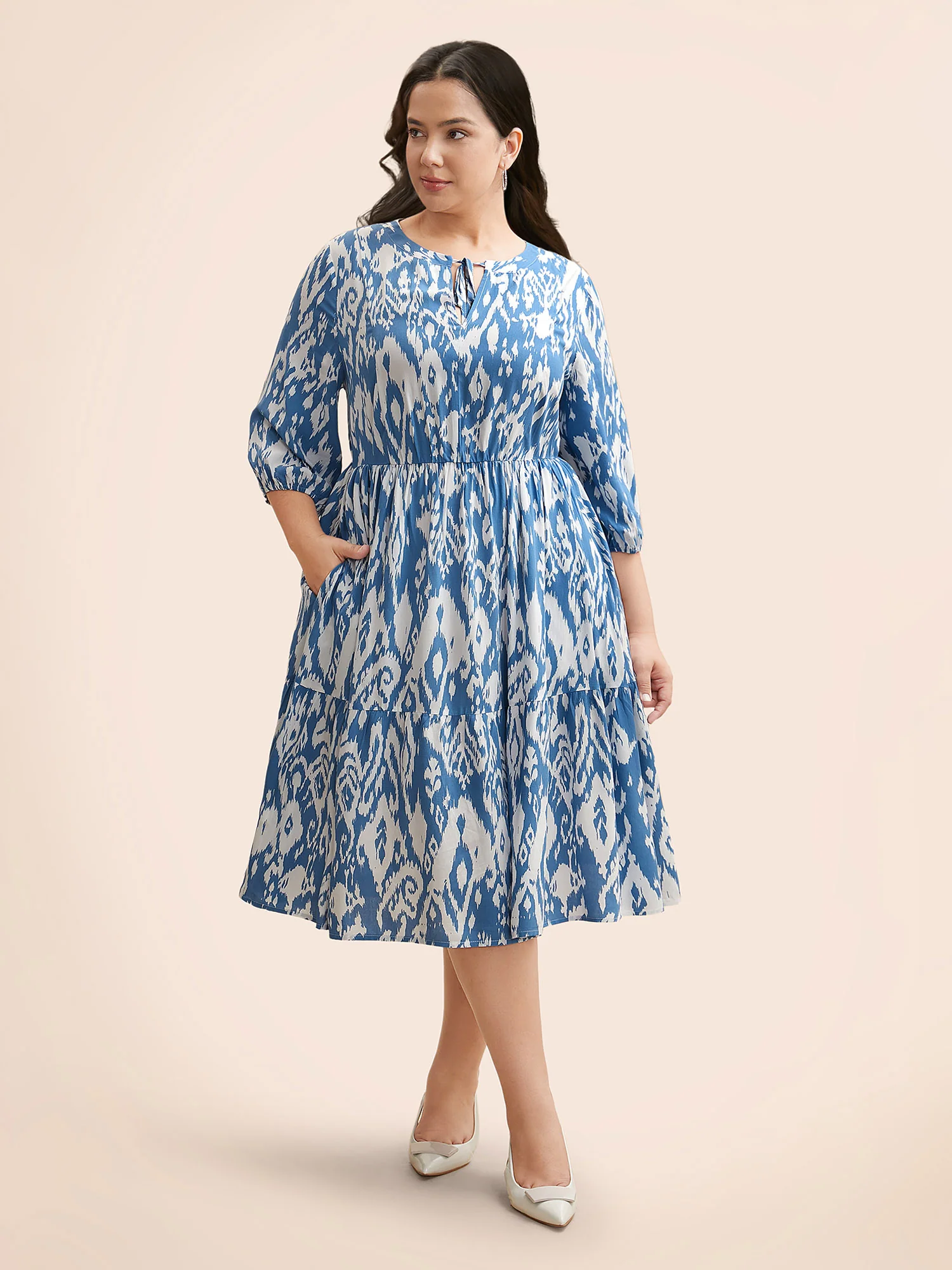 Damask Print Tie Knot Puff Sleeve Dress - Image 31