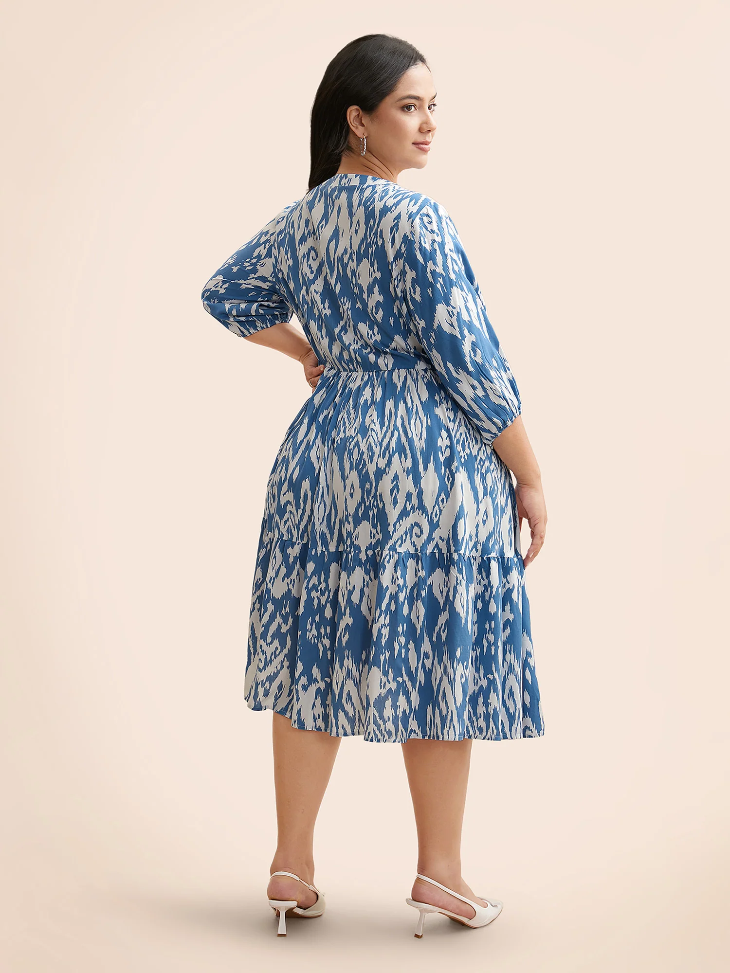 Damask Print Tie Knot Puff Sleeve Dress - Image 32
