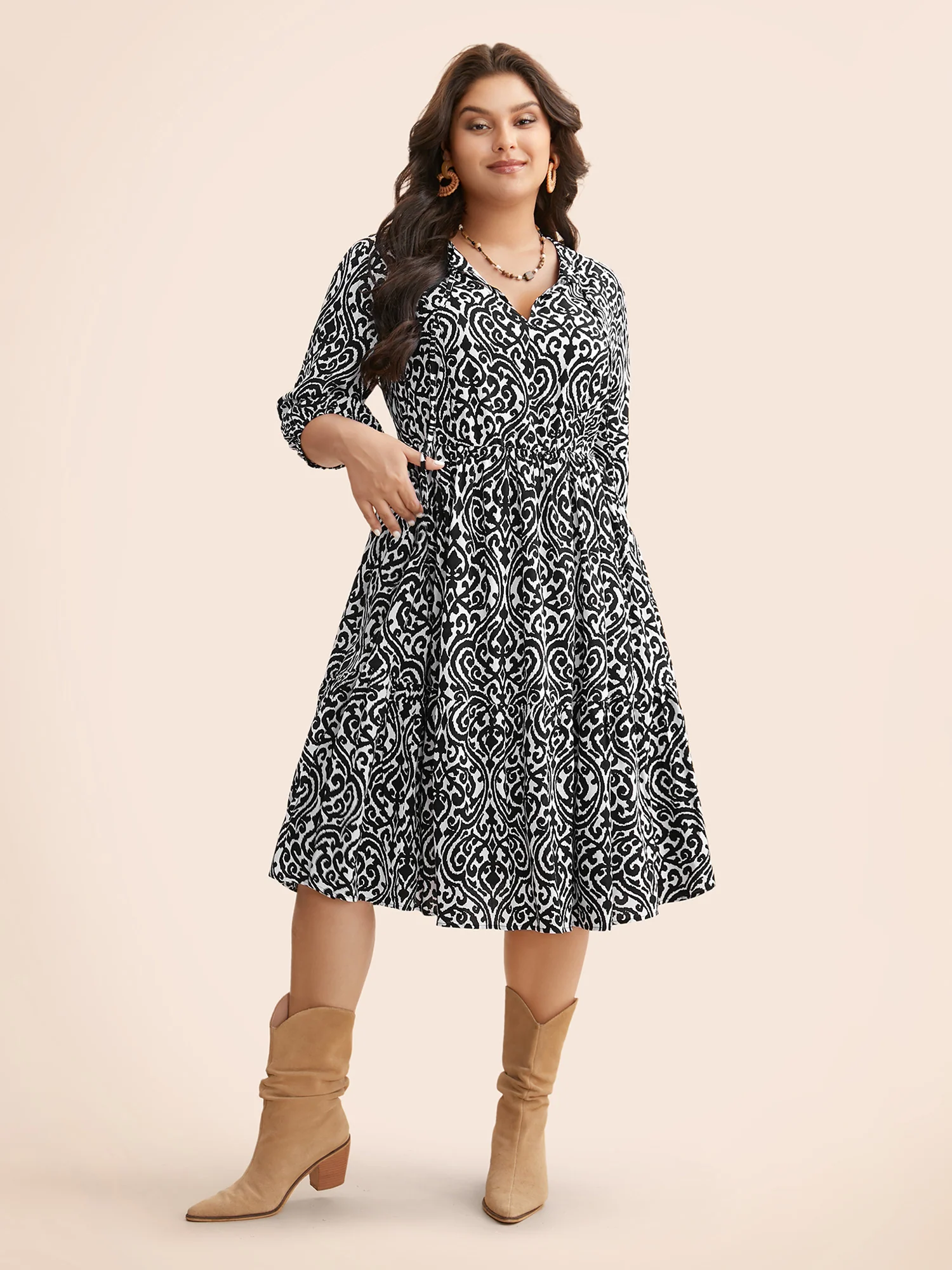 Damask Print Tie Knot Puff Sleeve Dress - Image 33