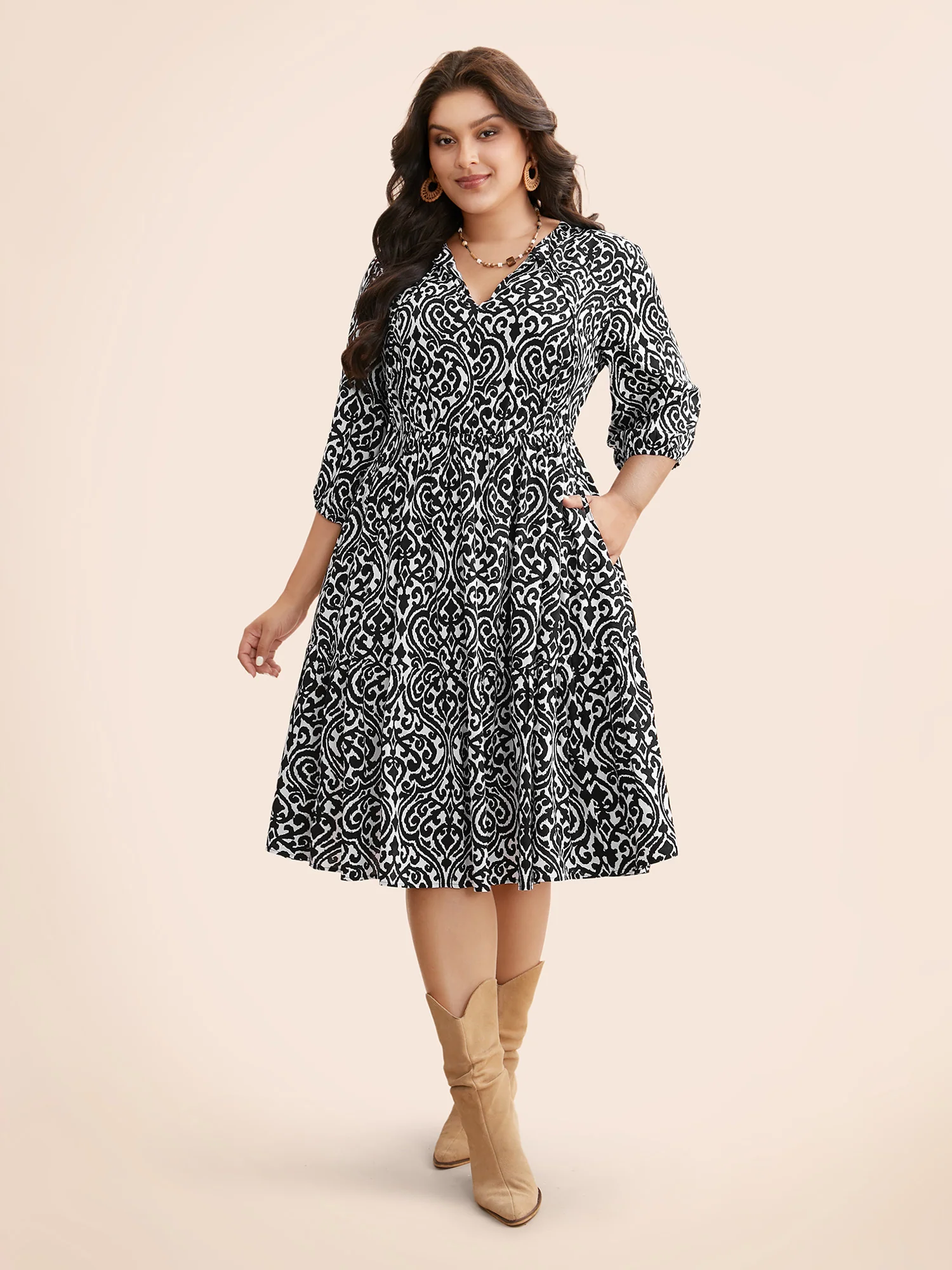 Damask Print Tie Knot Puff Sleeve Dress - Image 35