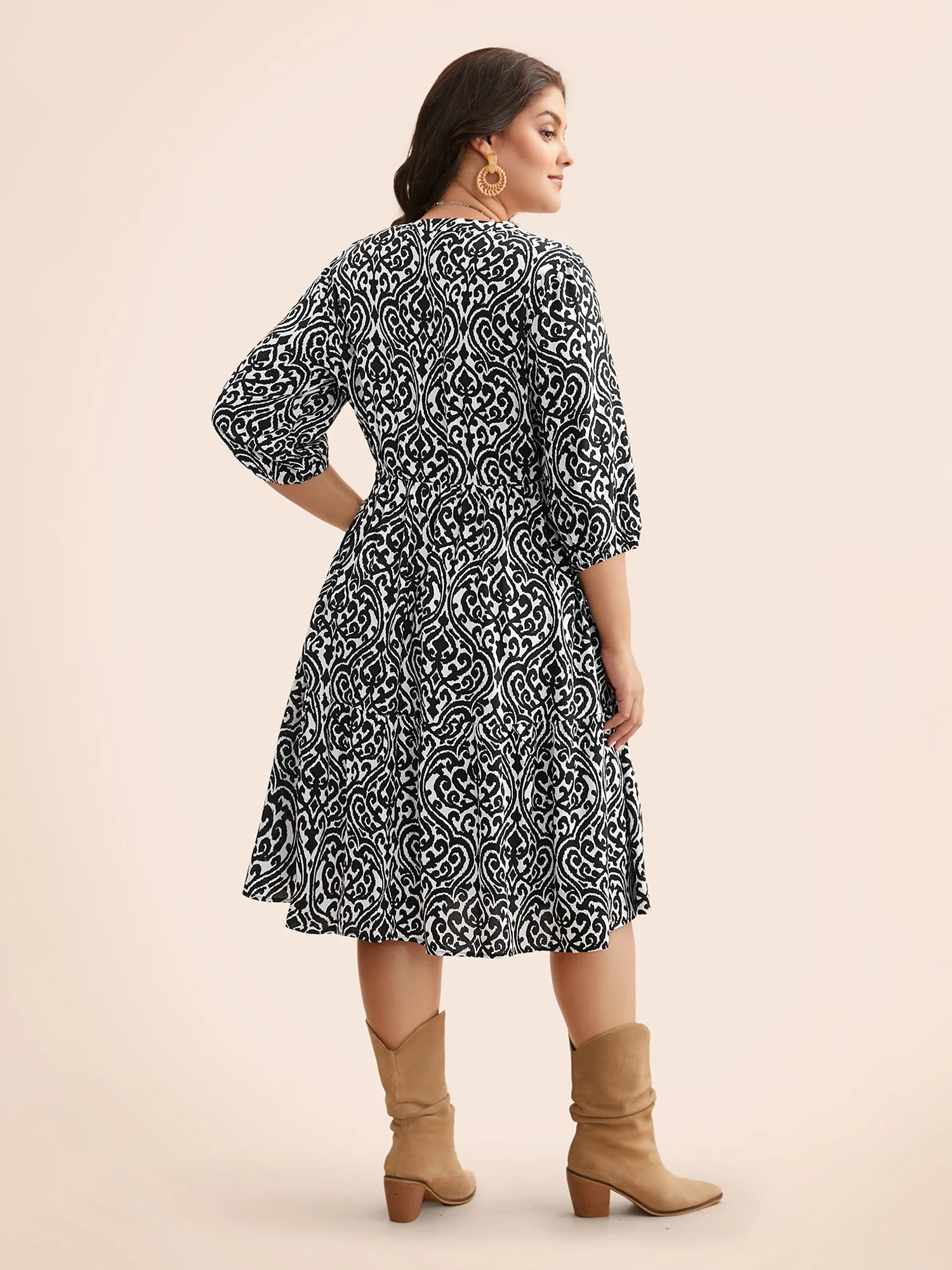 Damask Print Tie Knot Puff Sleeve Dress - Image 36