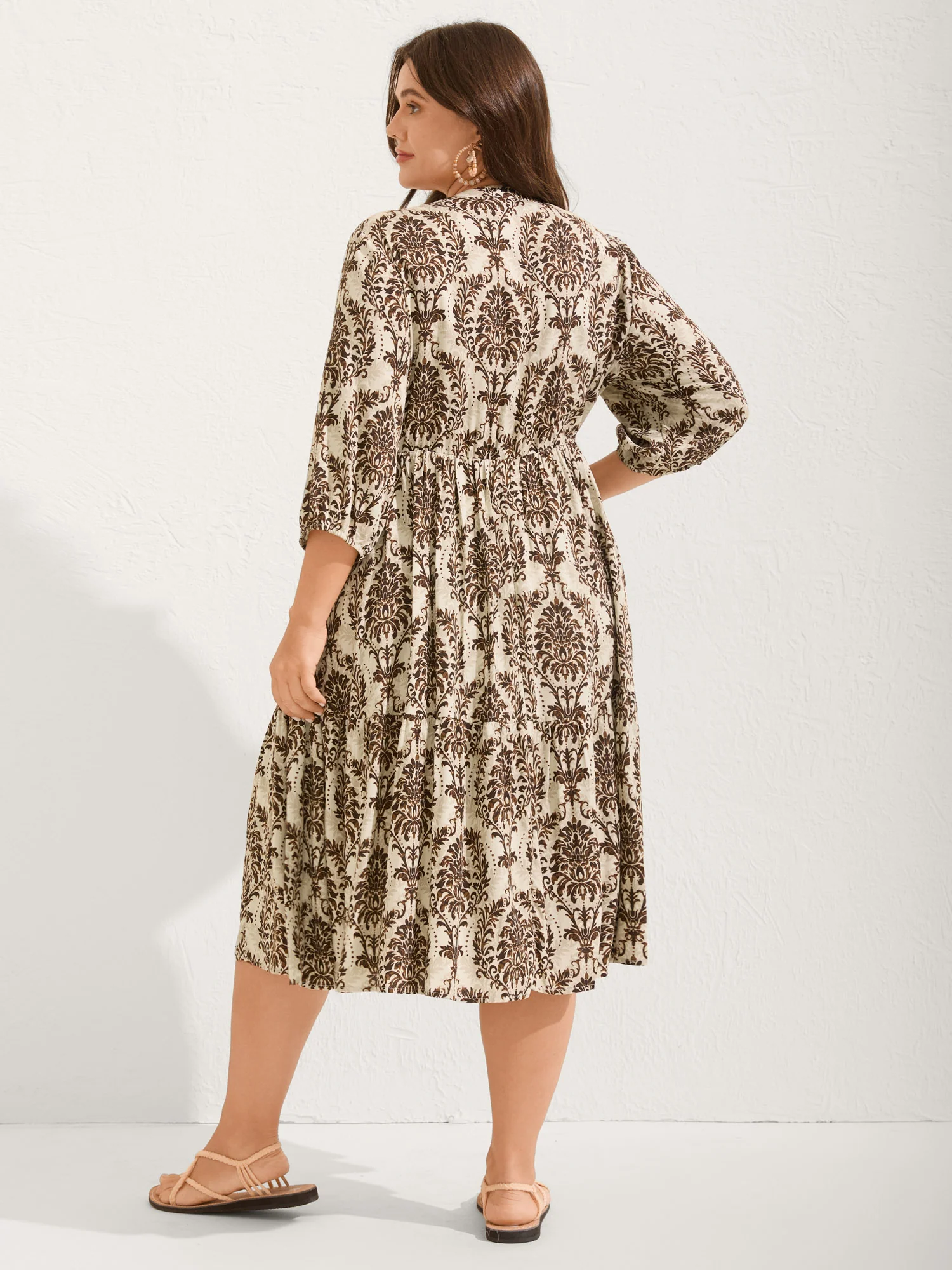 Damask Print Tie Knot Puff Sleeve Dress - Image 4