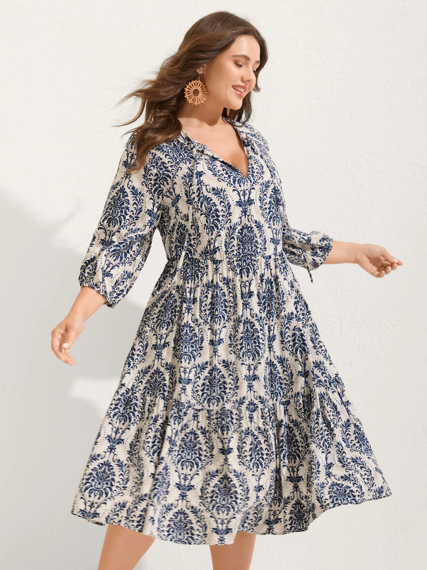 Damask Print Tie Knot Puff Sleeve Dress - Image 5