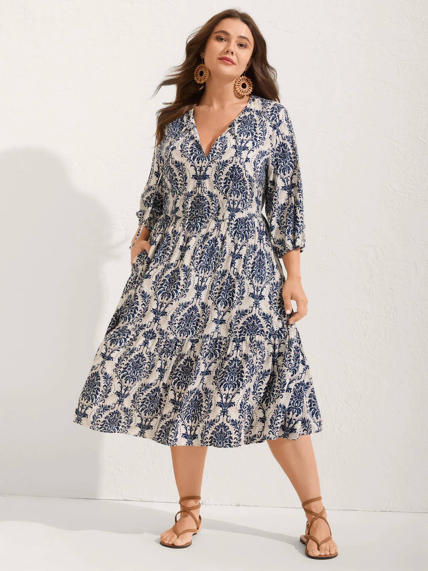 Damask Print Tie Knot Puff Sleeve Dress - Image 7