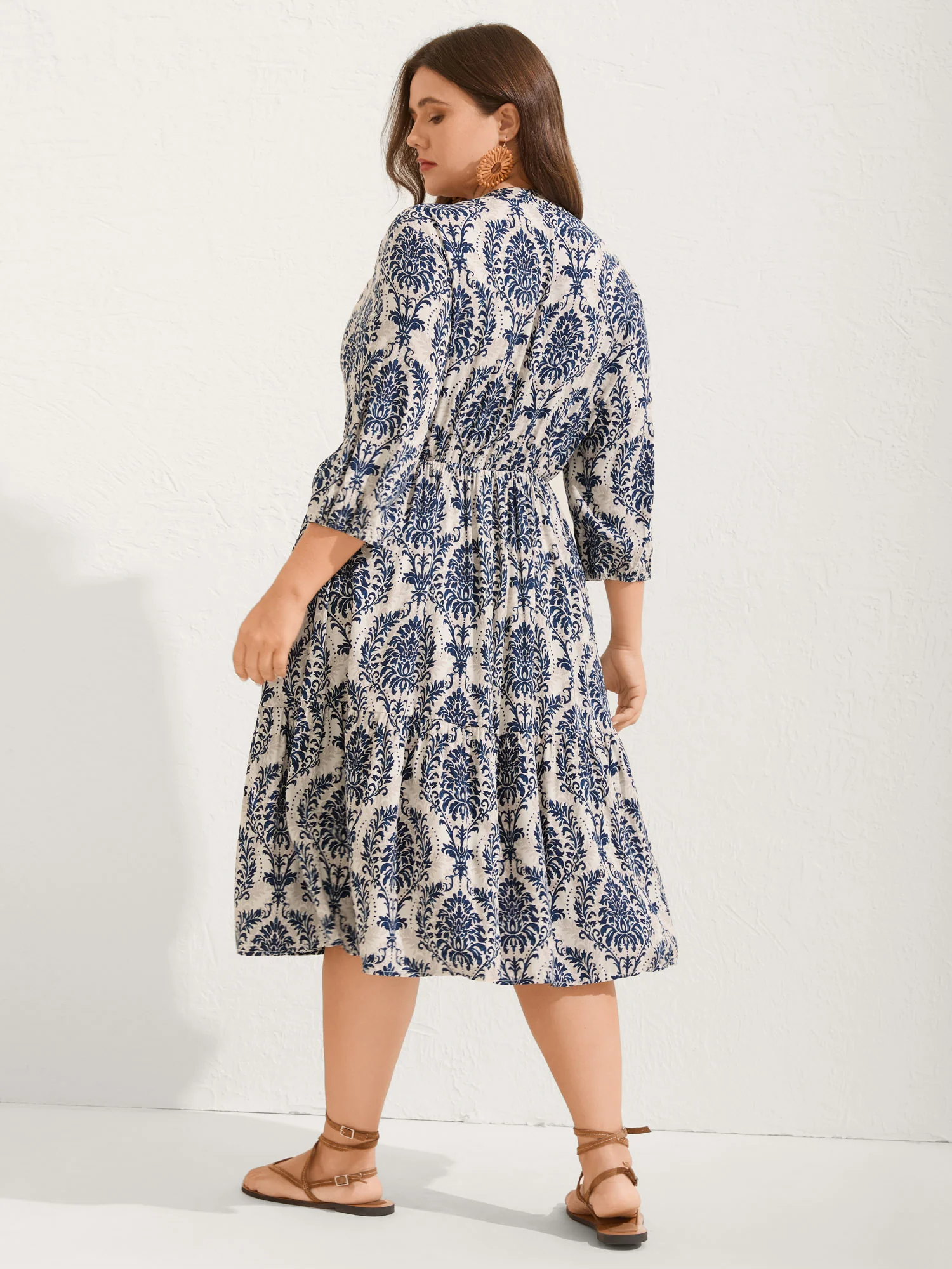 Damask Print Tie Knot Puff Sleeve Dress - Image 8