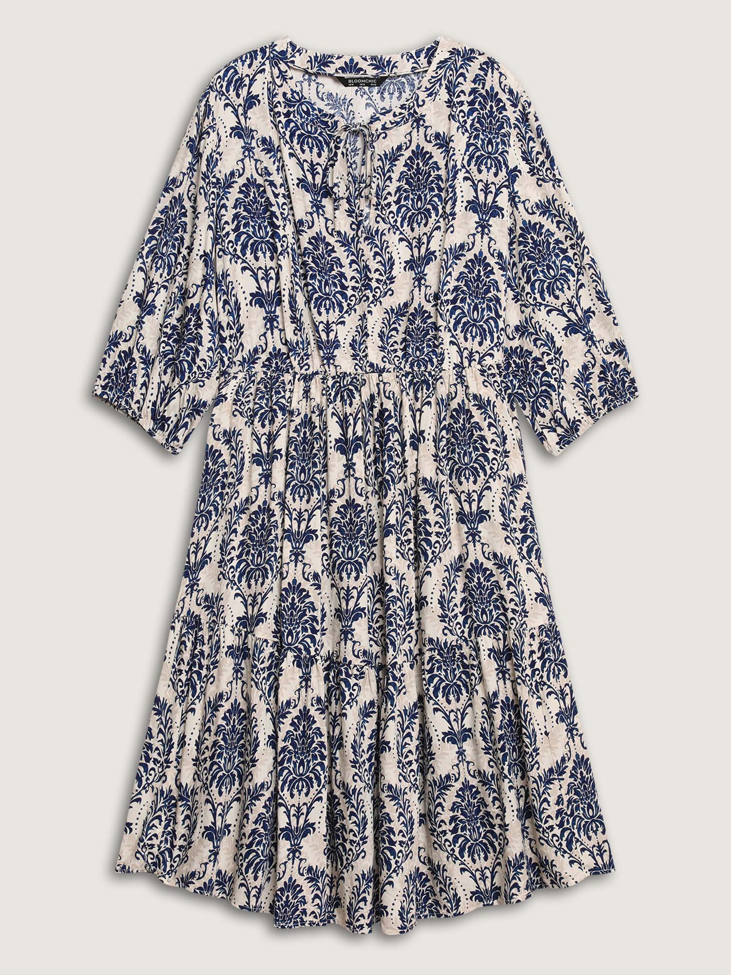 Damask Print Tie Knot Puff Sleeve Dress - Image 9