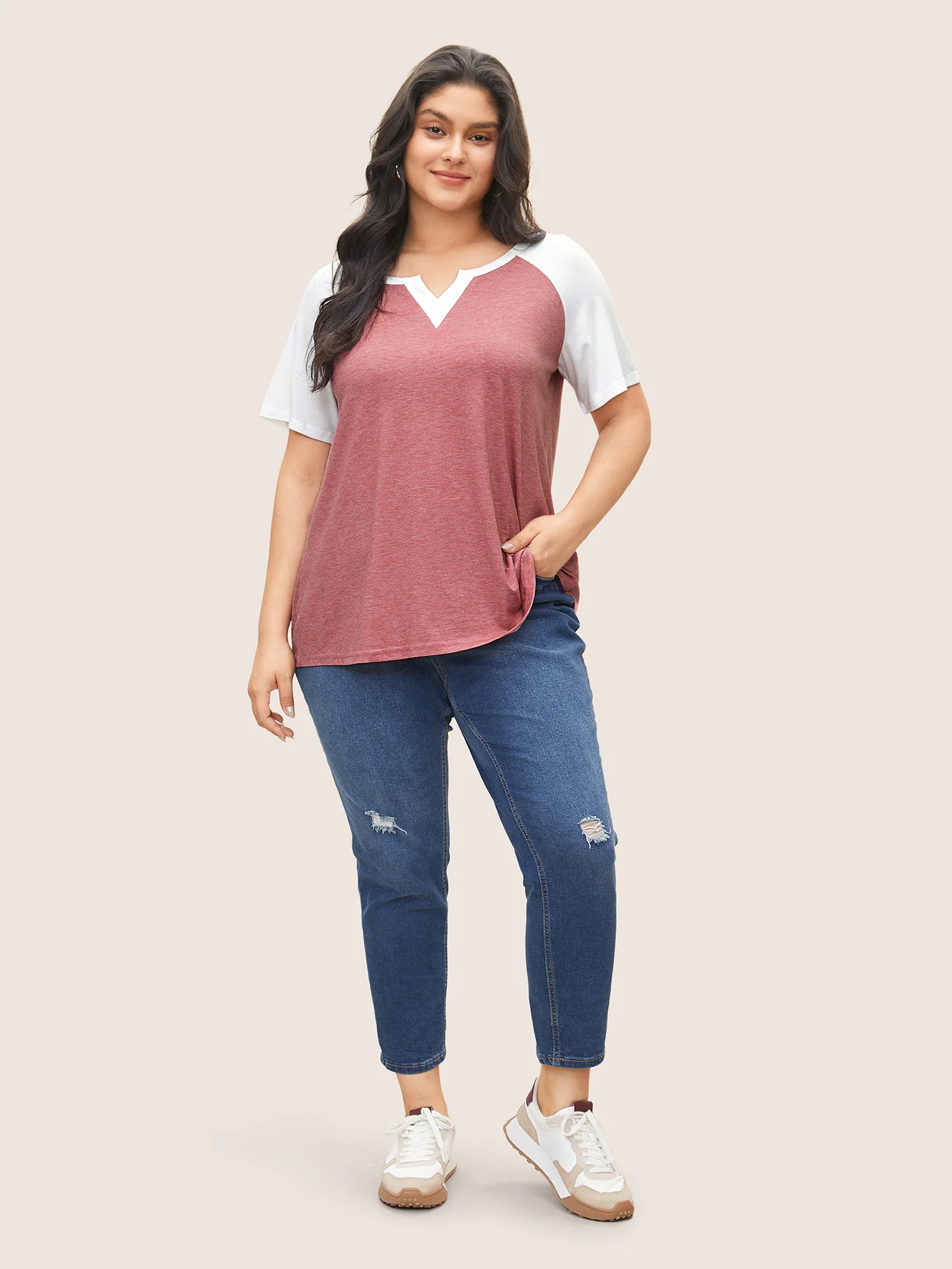 Colorblock Contrast Notched Raglan Sleeve T-shirt - Image 3