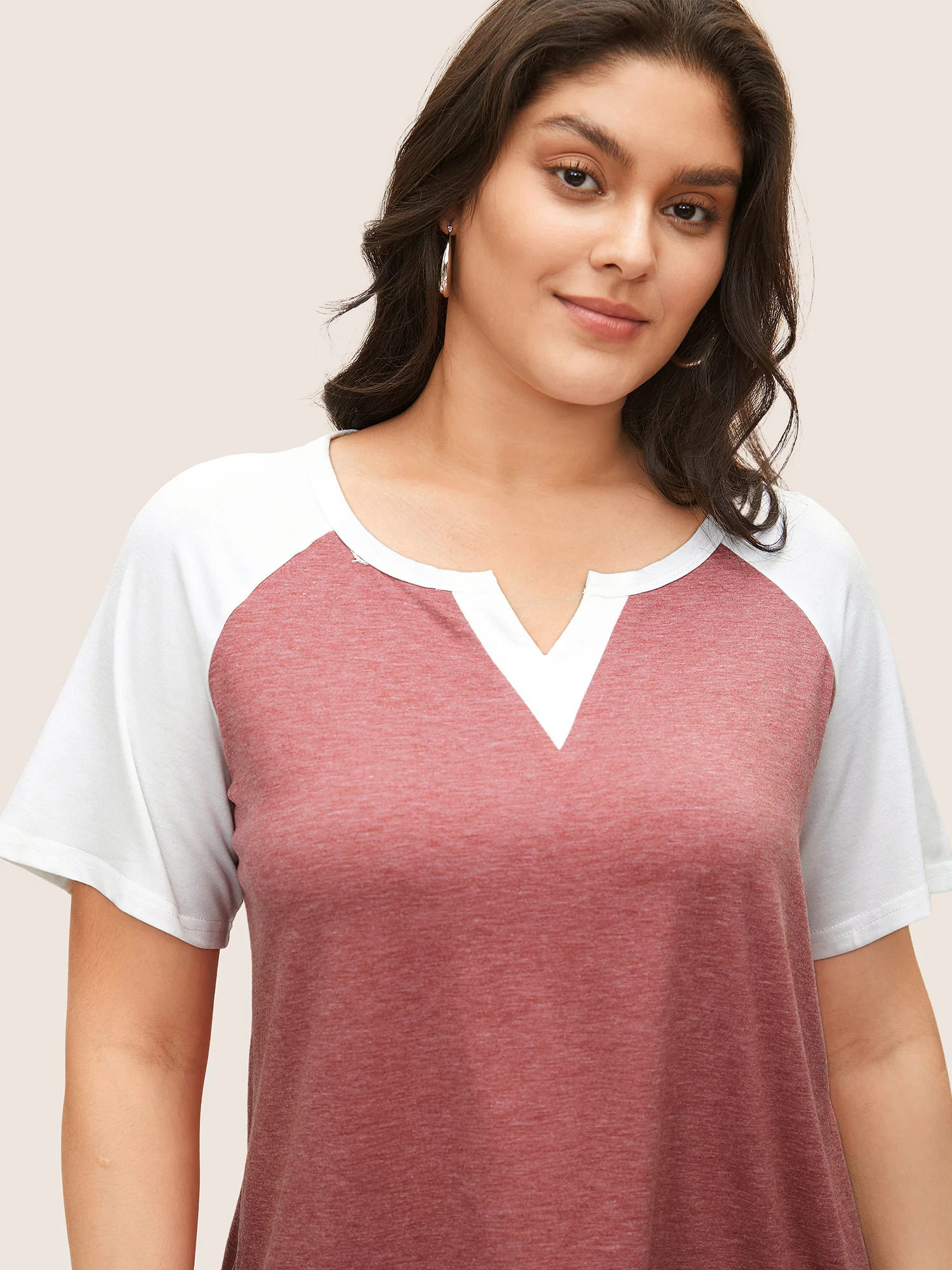 Colorblock Contrast Notched Raglan Sleeve T-shirt - Image 4