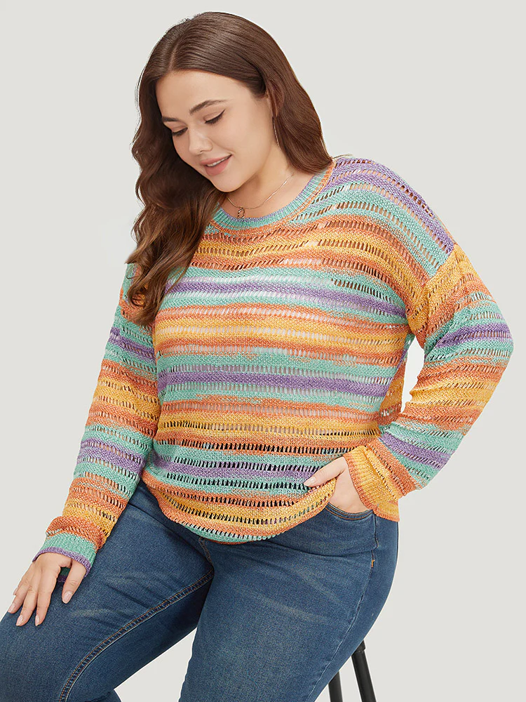 Contrast Striped Cut Out Ombre Pullover - Image 3