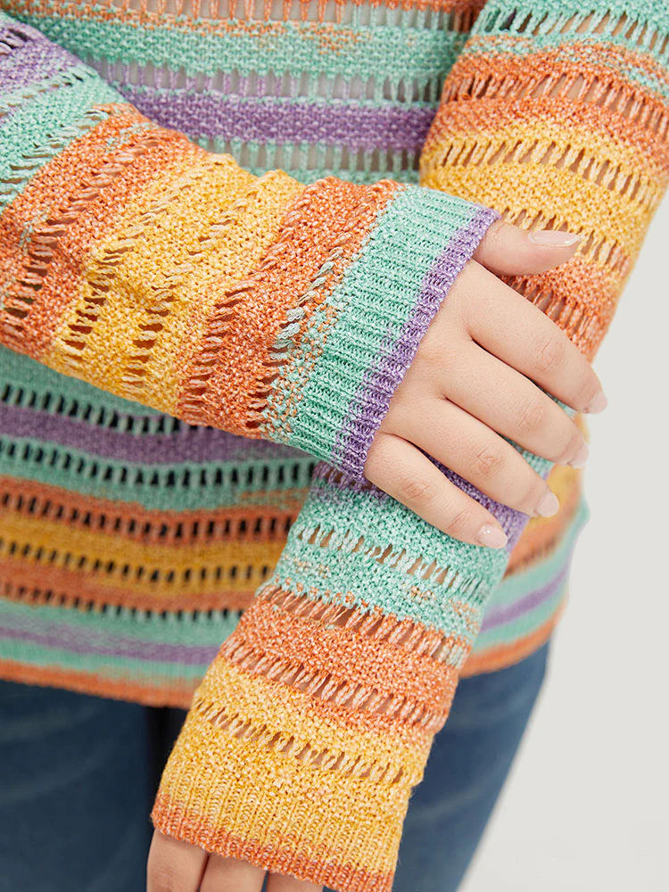 Contrast Striped Cut Out Ombre Pullover - Image 7