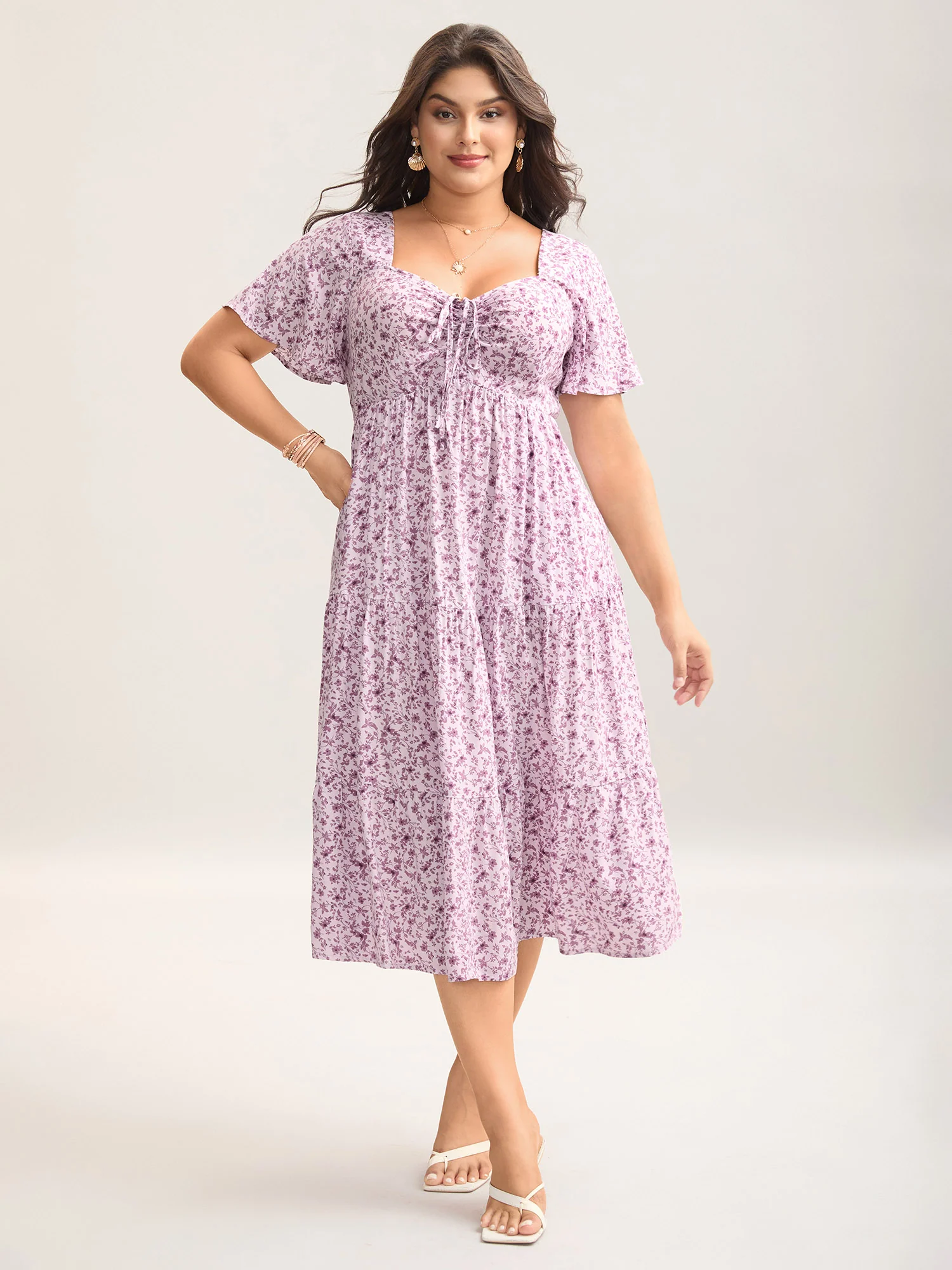 Ditsy Floral Sweetheart Drawstring Pocket Tiered Dress - Image 11