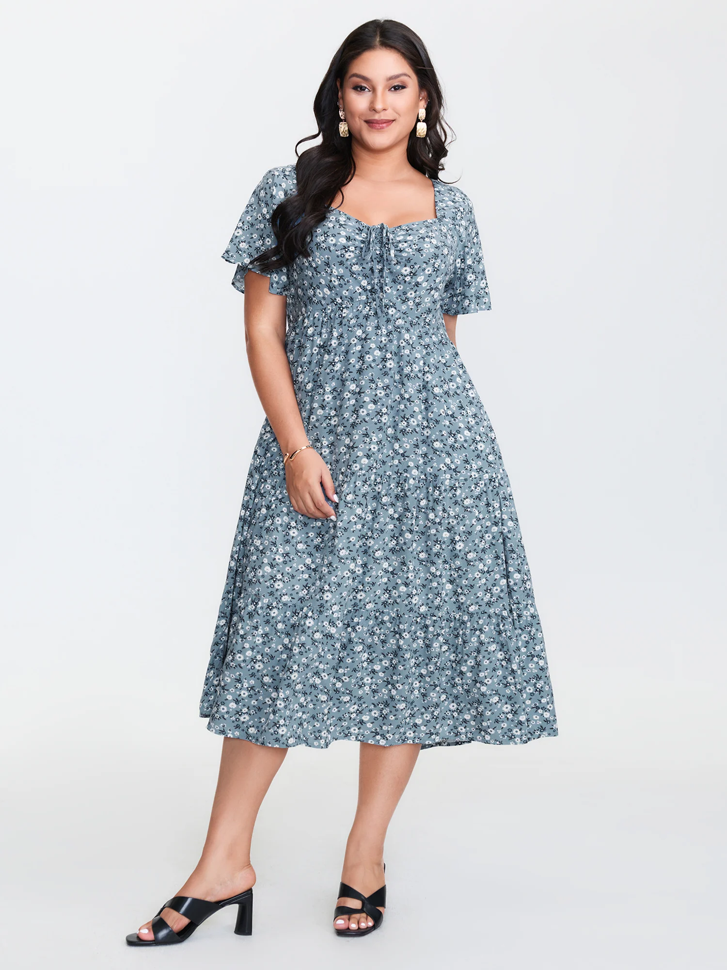Ditsy Floral Sweetheart Drawstring Pocket Tiered Dress - Image 15
