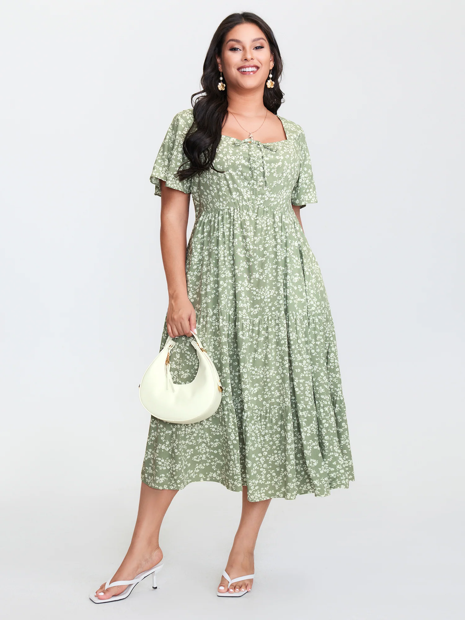 Ditsy Floral Sweetheart Drawstring Pocket Tiered Dress - Image 19