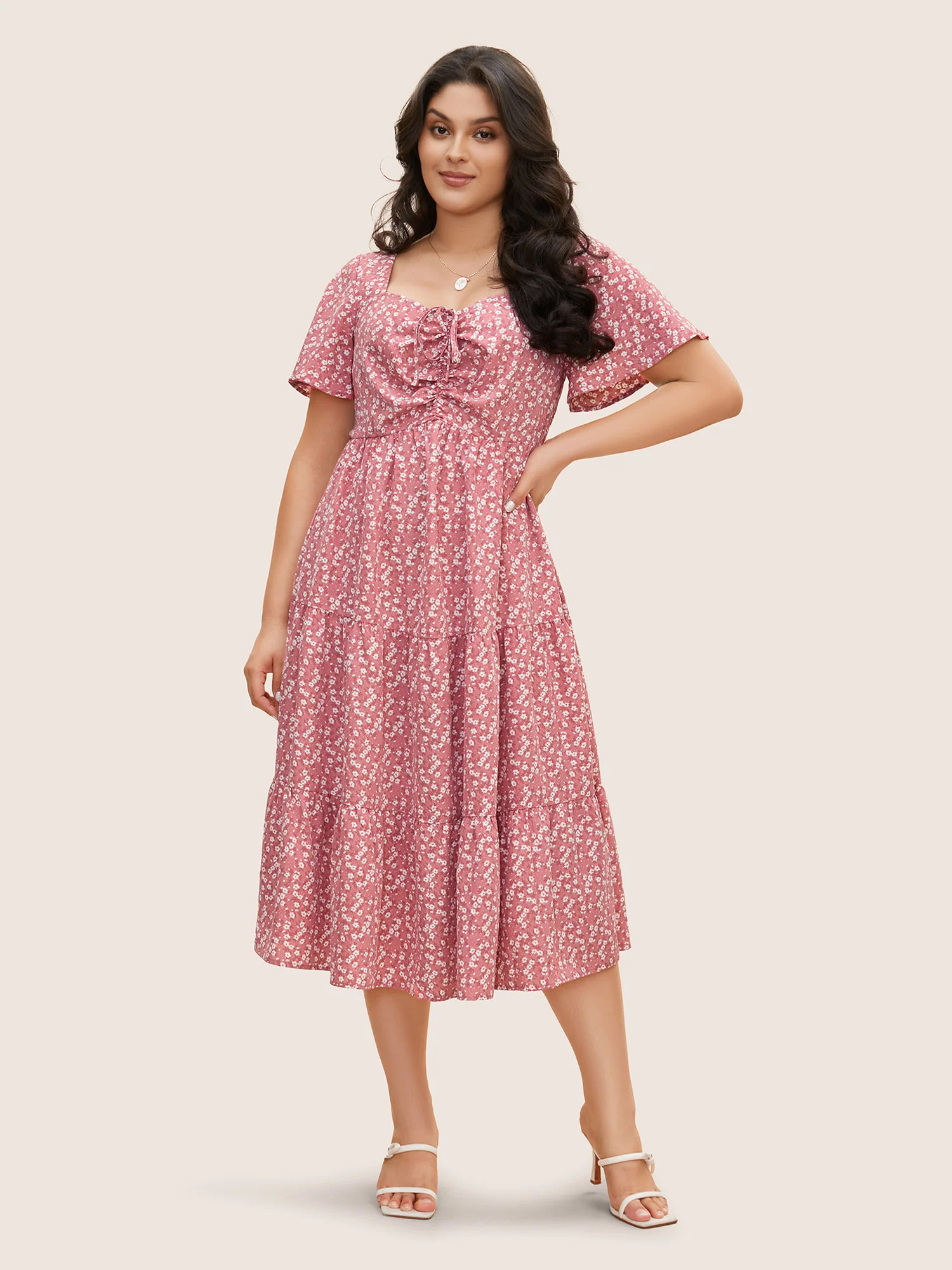 Ditsy Floral Sweetheart Drawstring Pocket Tiered Dress - Image 25