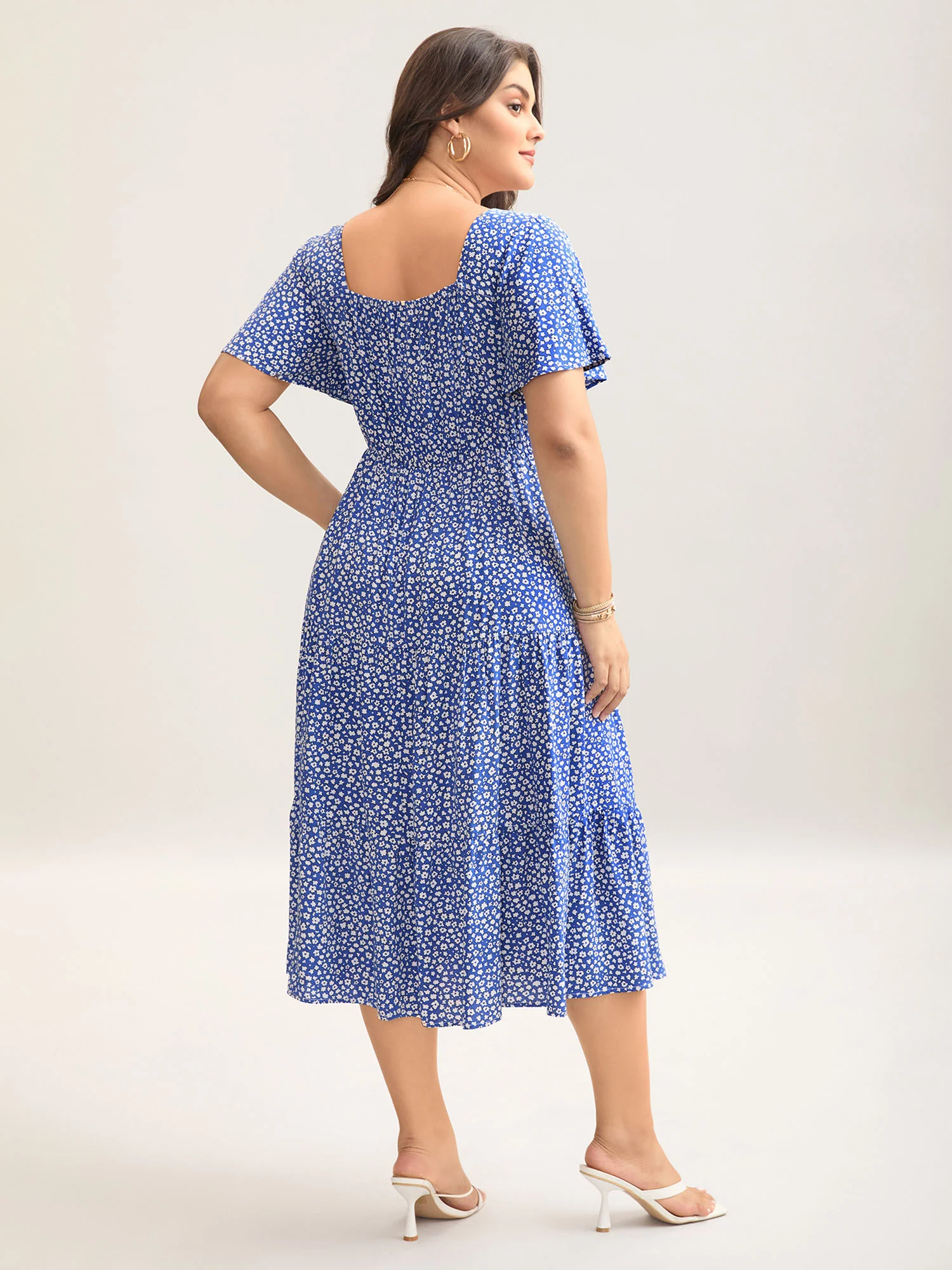 Ditsy Floral Sweetheart Drawstring Pocket Tiered Dress - Image 4