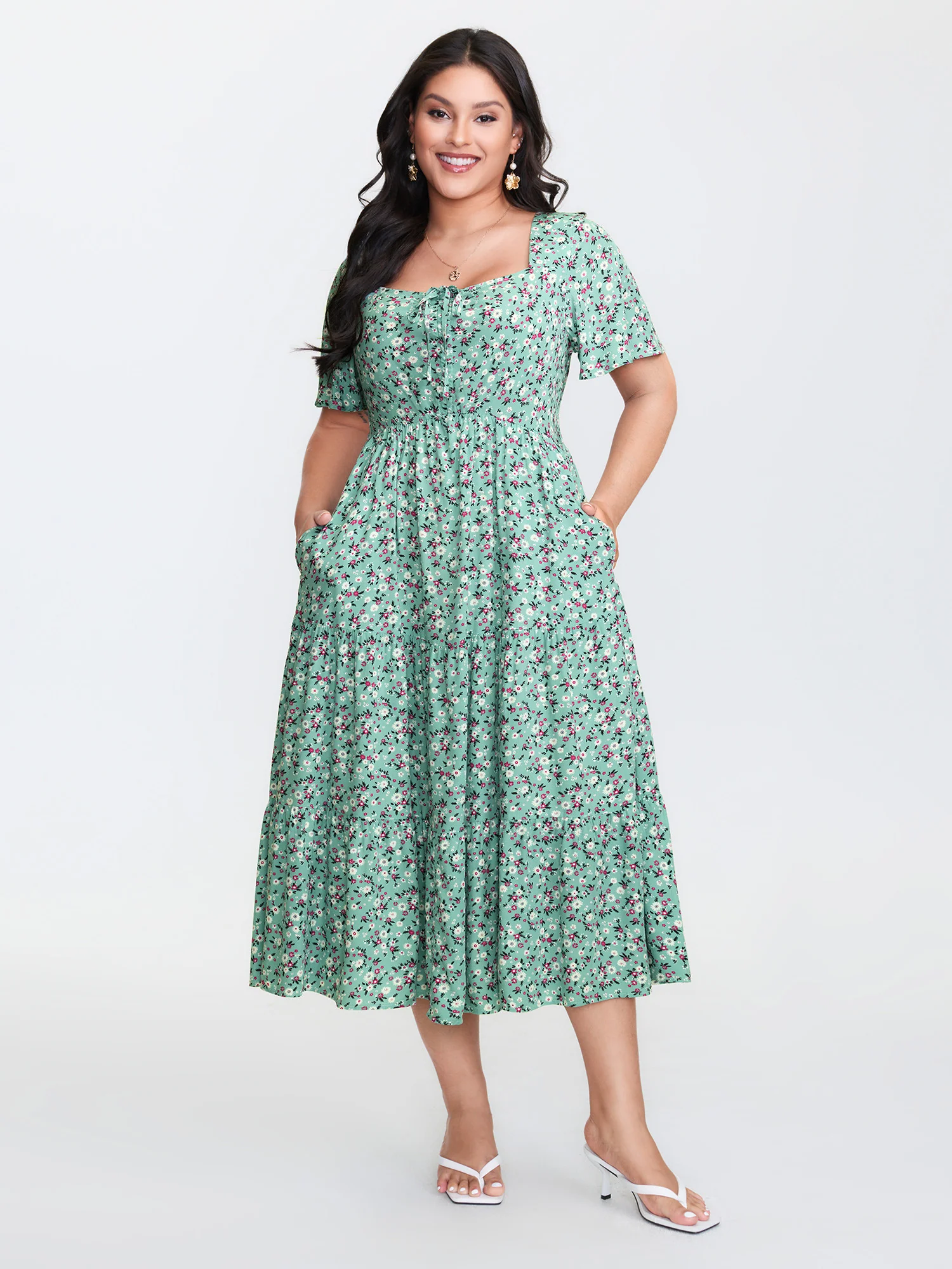 Ditsy Floral Sweetheart Drawstring Pocket Tiered Dress - Image 5