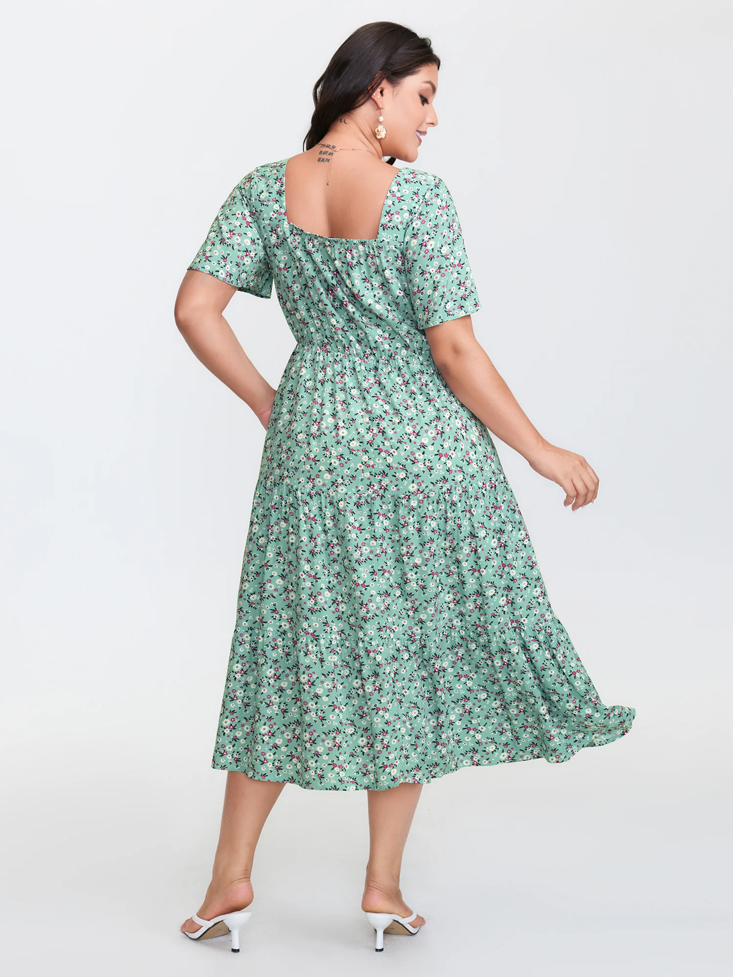 Ditsy Floral Sweetheart Drawstring Pocket Tiered Dress - Image 8