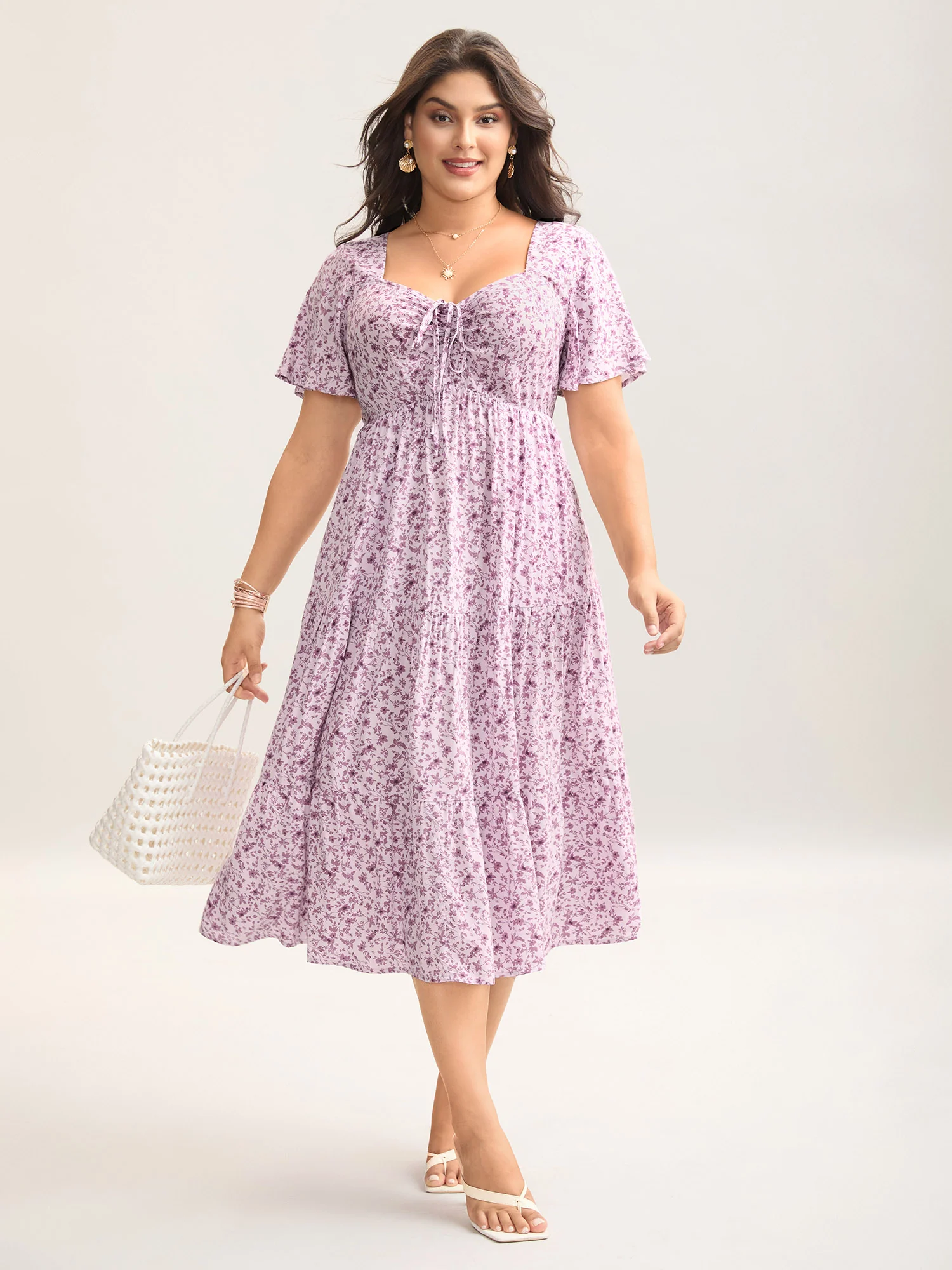 Ditsy Floral Sweetheart Drawstring Pocket Tiered Dress - Image 9